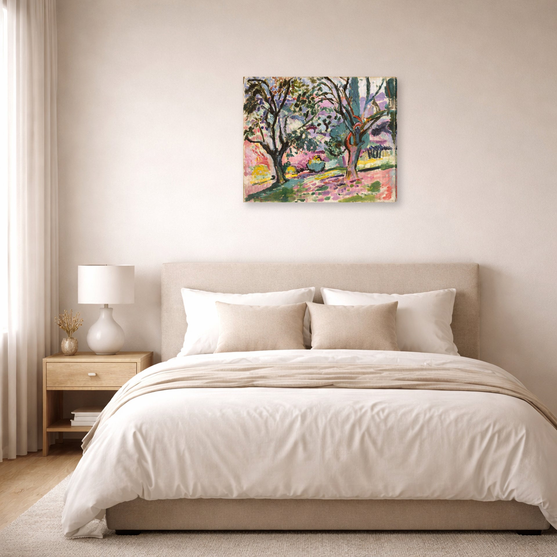 Gallery-wrapped canvas print of Henri Matisse's Olive Trees at Collioure hanging above a bed in a bedroom