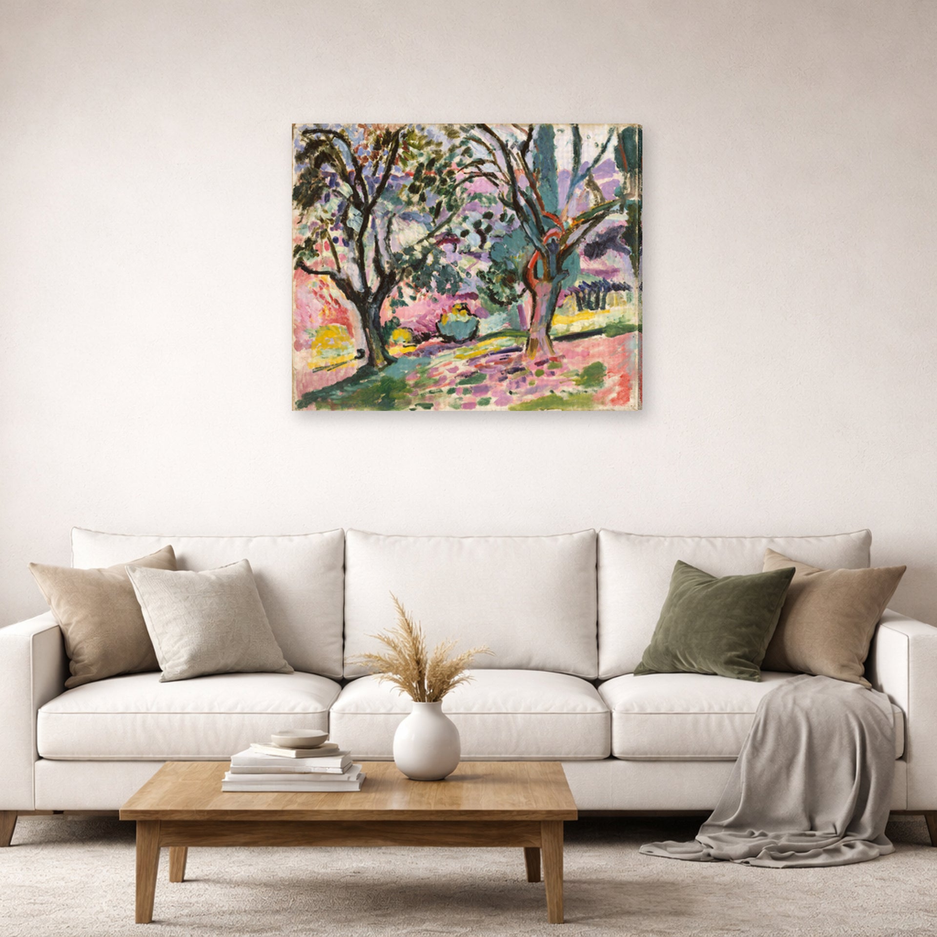 Gallery-wrapped canvas print of Henri Matisse's Olive Trees at Collioure hanging in a living room, view 2