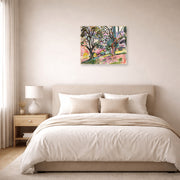 Unframed poster print of Henri Matisse's Olive Trees at Collioure displayed above a bed in a bedroom