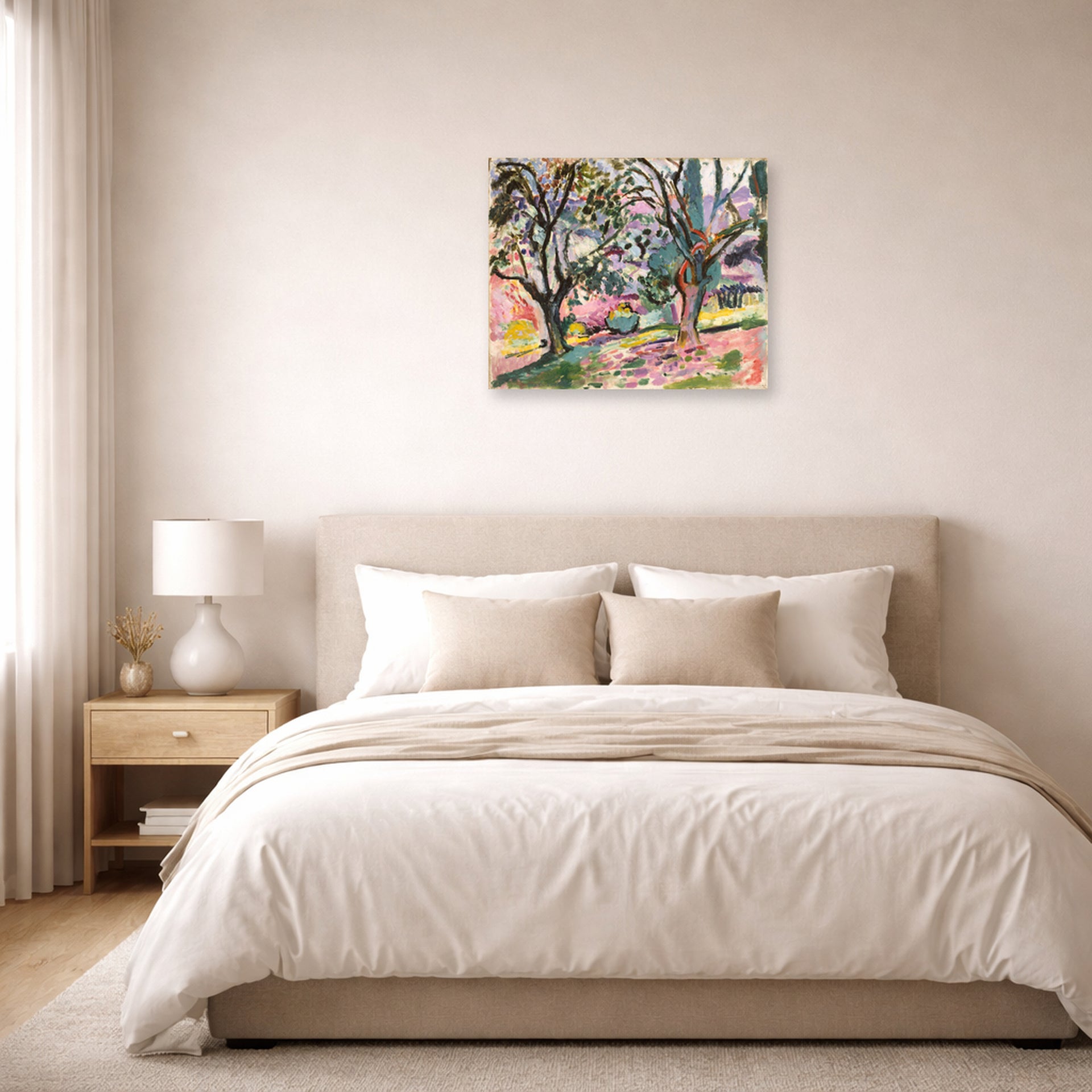 Unframed poster print of Henri Matisse's Olive Trees at Collioure displayed above a bed in a bedroom