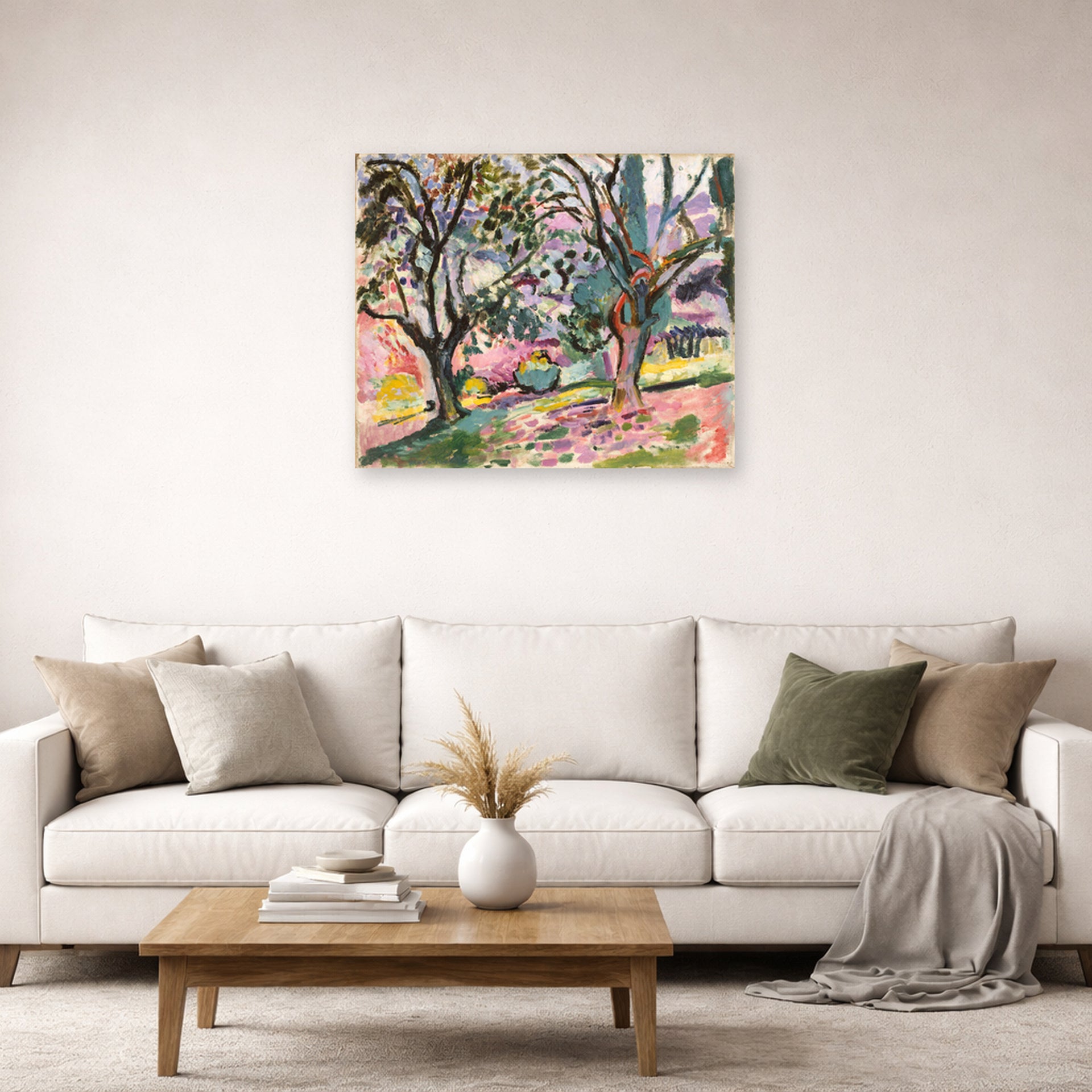 Unframed poster print of Henri Matisse's Olive Trees at Collioure displayed in a living room, view 2
