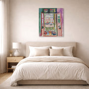 Gallery-wrapped canvas print of Henri Matisse's Open Window, Collioure hanging above a bed in a bedroom