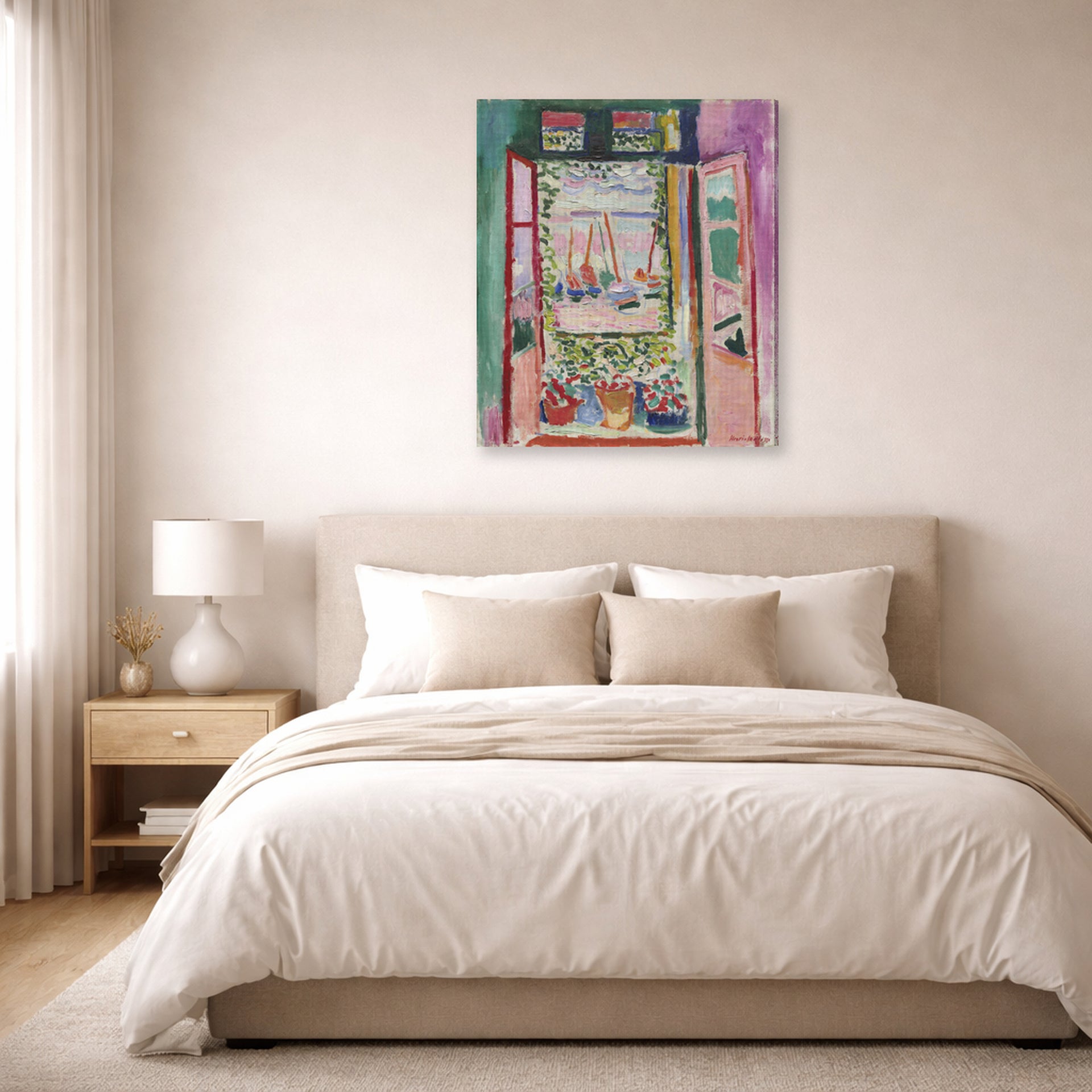 Gallery-wrapped canvas print of Henri Matisse's Open Window, Collioure hanging above a bed in a bedroom
