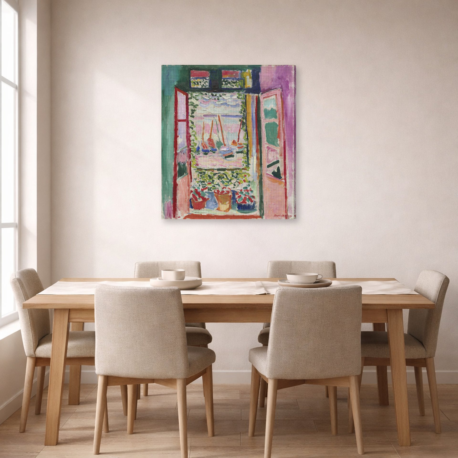 Gallery-wrapped canvas print of Henri Matisse's Open Window, Collioure hanging on a dining room wall