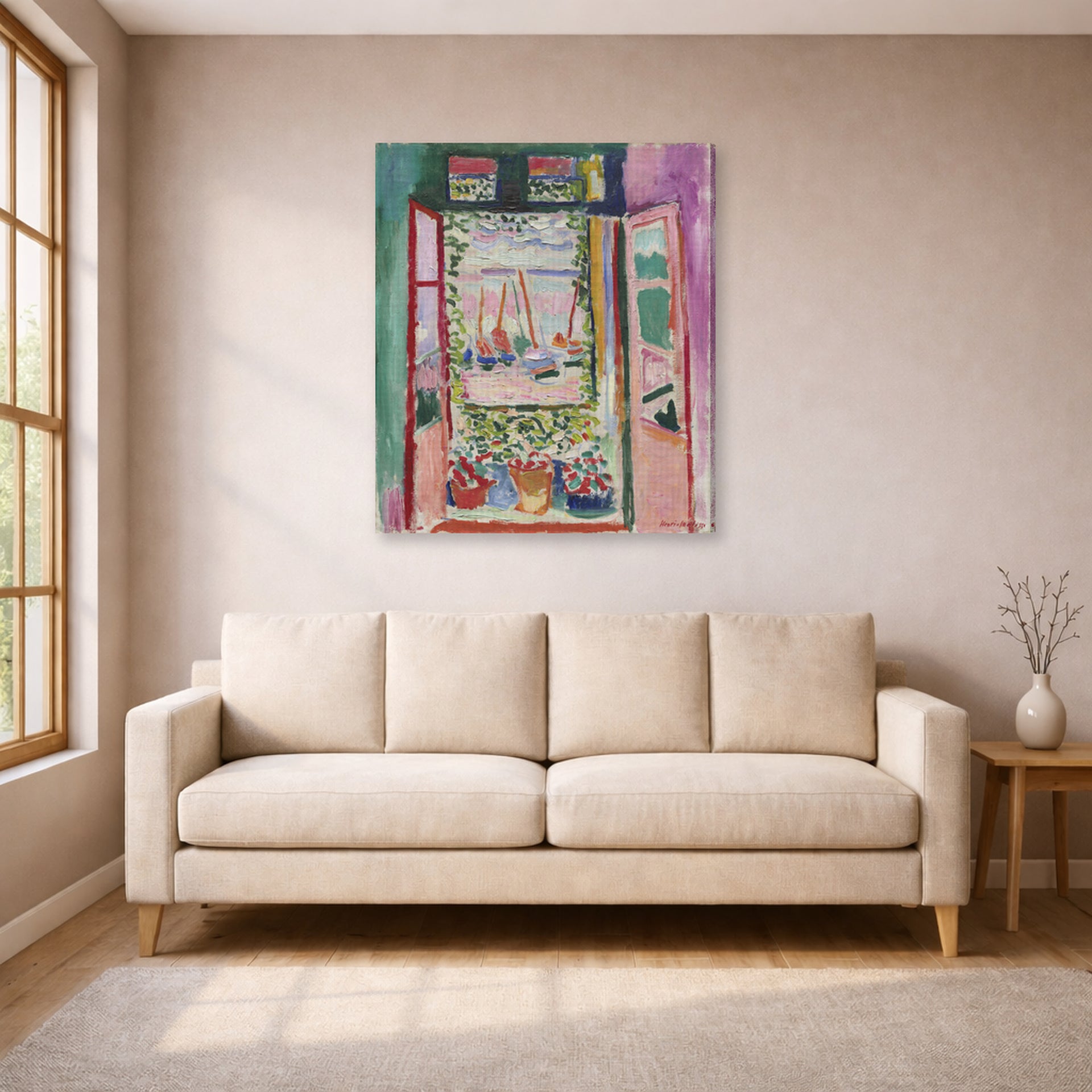 Gallery-wrapped canvas print of Henri Matisse's Open Window, Collioure hanging in a living room, view 1