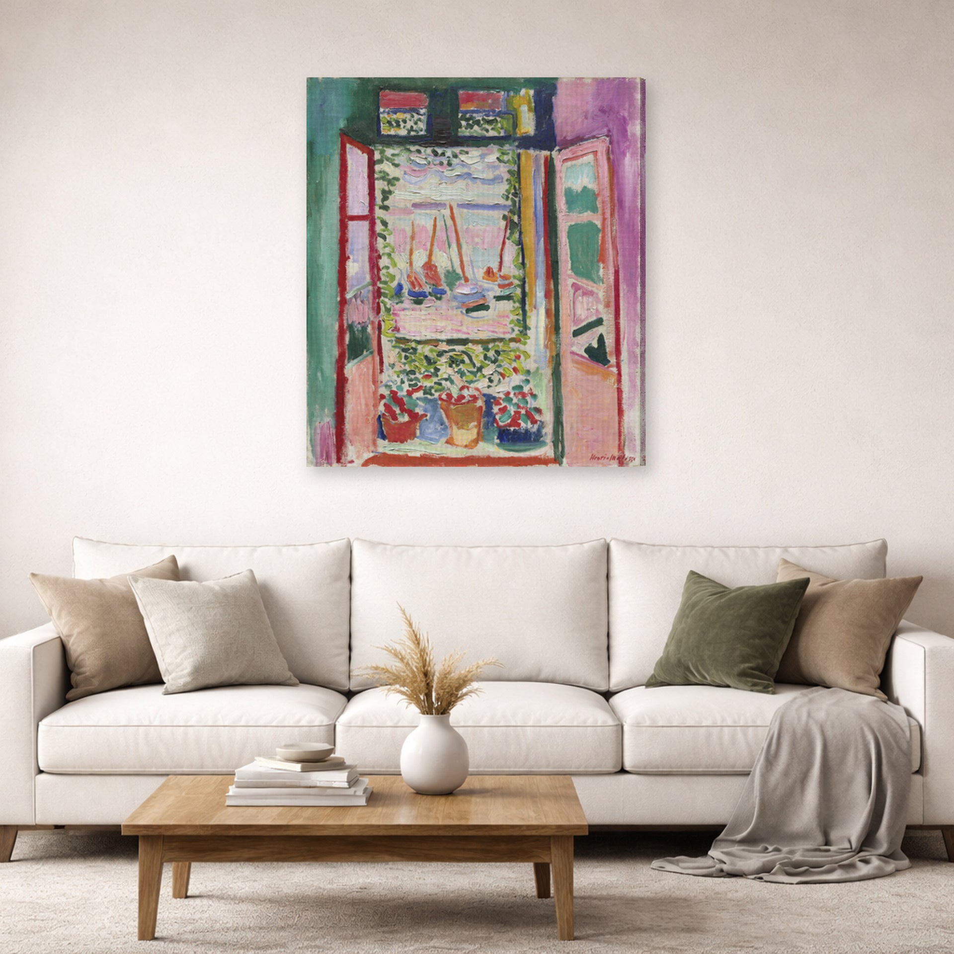 Gallery-wrapped canvas print of Henri Matisse's Open Window, Collioure hanging in a living room, view 2