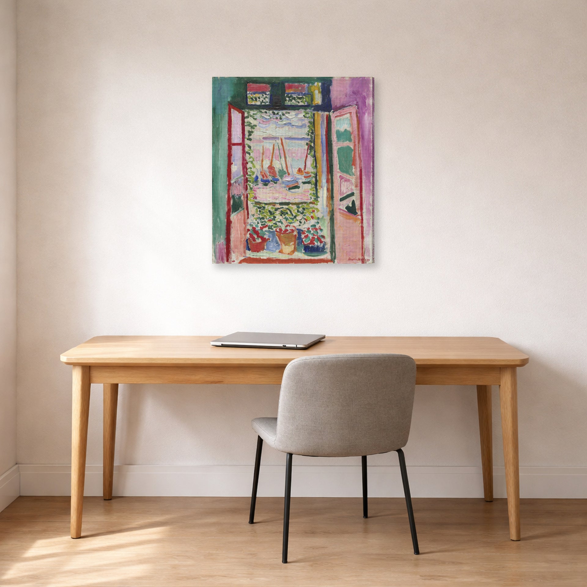 Gallery-wrapped canvas print of Henri Matisse's Open Window, Collioure hanging in a home office