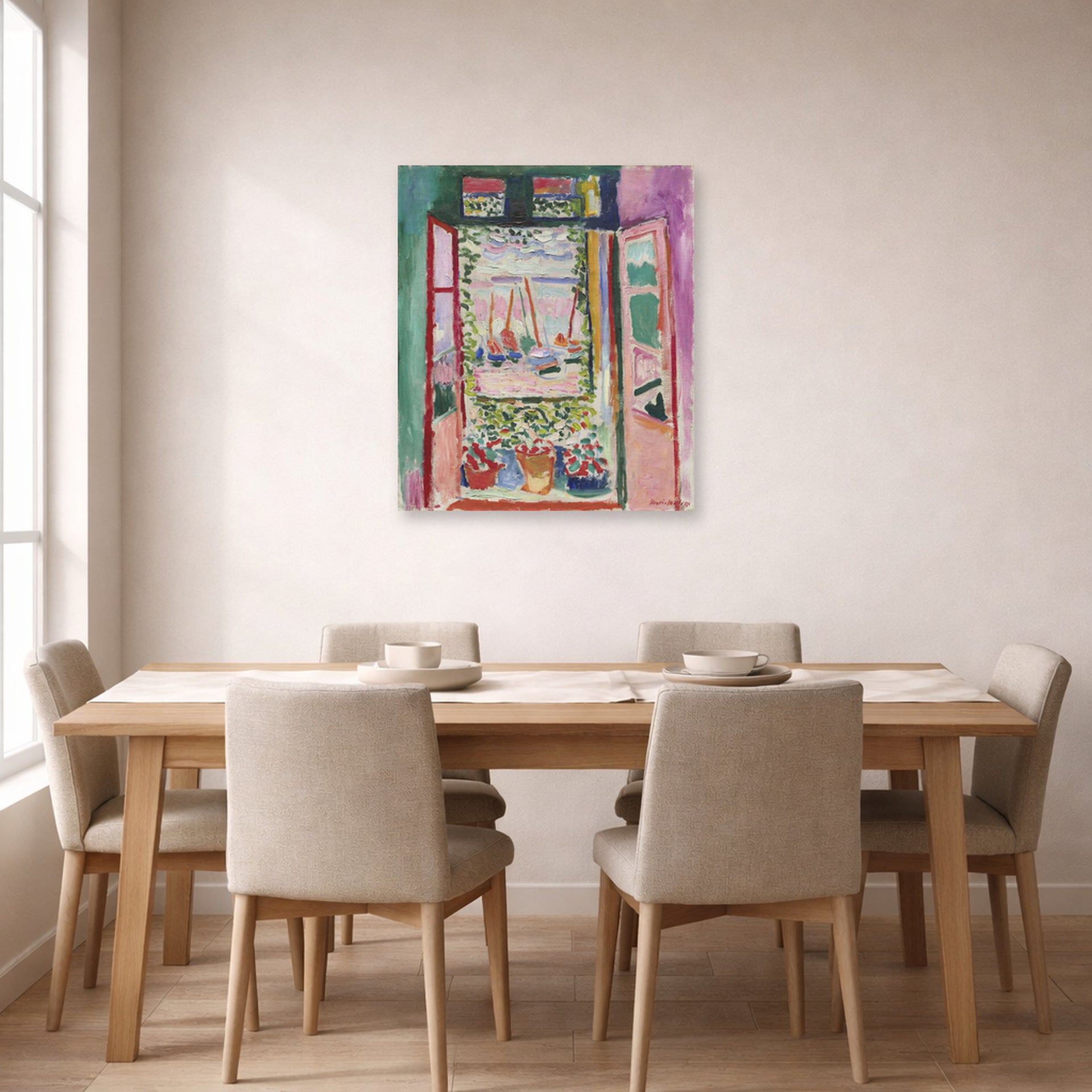Unframed poster print of Henri Matisse's Open Window, Collioure displayed on a dining room wall
