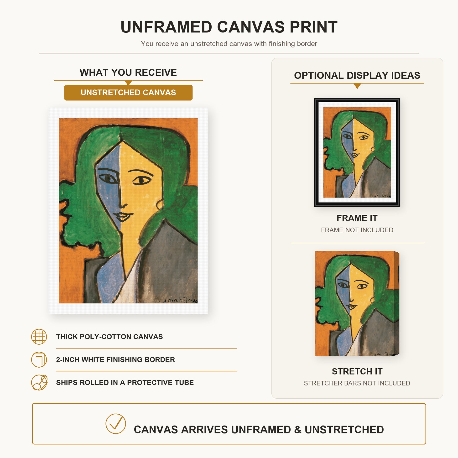 Henri Matisse - Portrait of Lydia Delectorskaya canvas print size comparison and framing display infographic