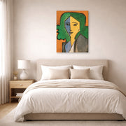 Gallery-wrapped canvas print of Henri Matisse's Portrait of Lydia Delectorskaya hanging above a bed in a bedroom