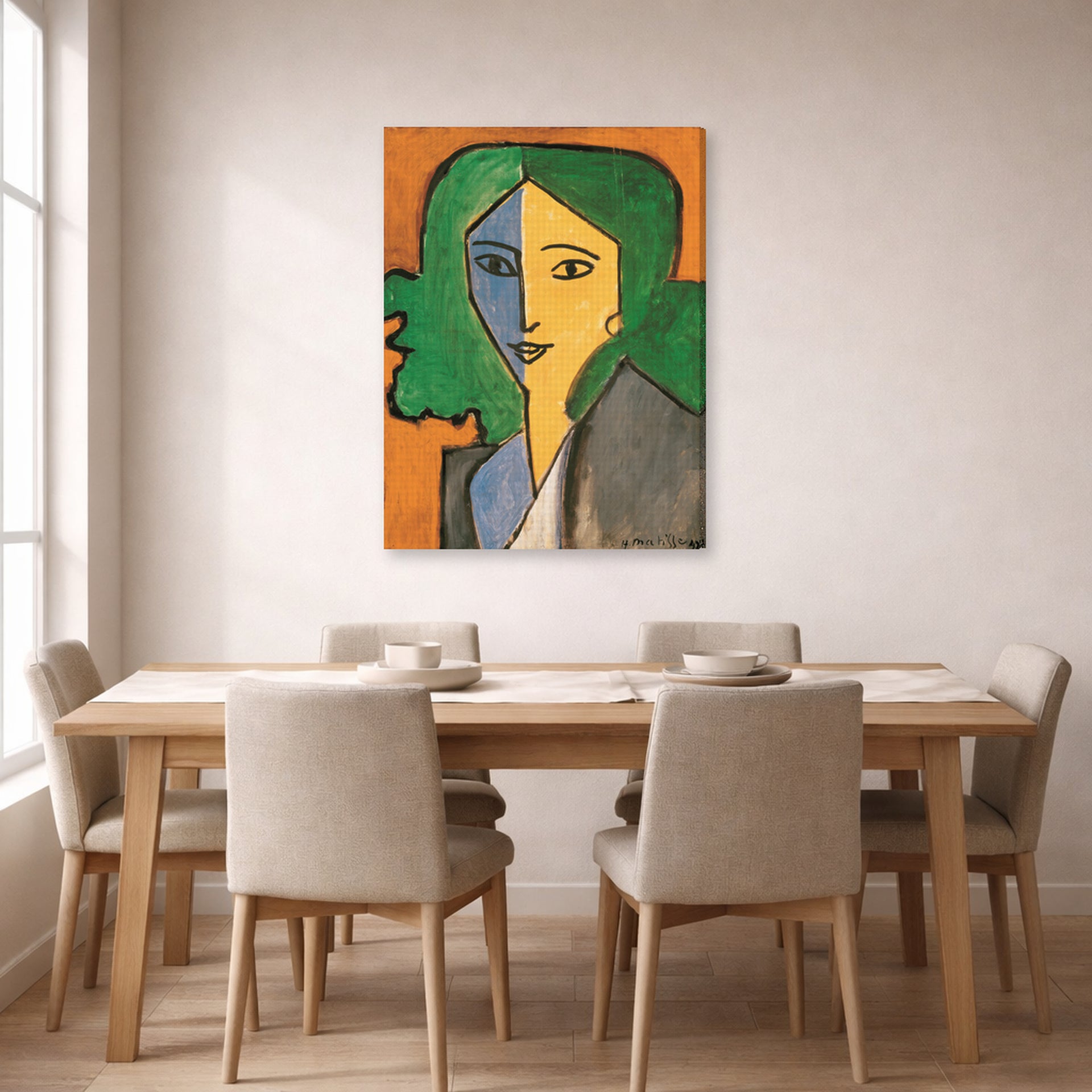 Gallery-wrapped canvas print of Henri Matisse's Portrait of Lydia Delectorskaya hanging on a dining room wall