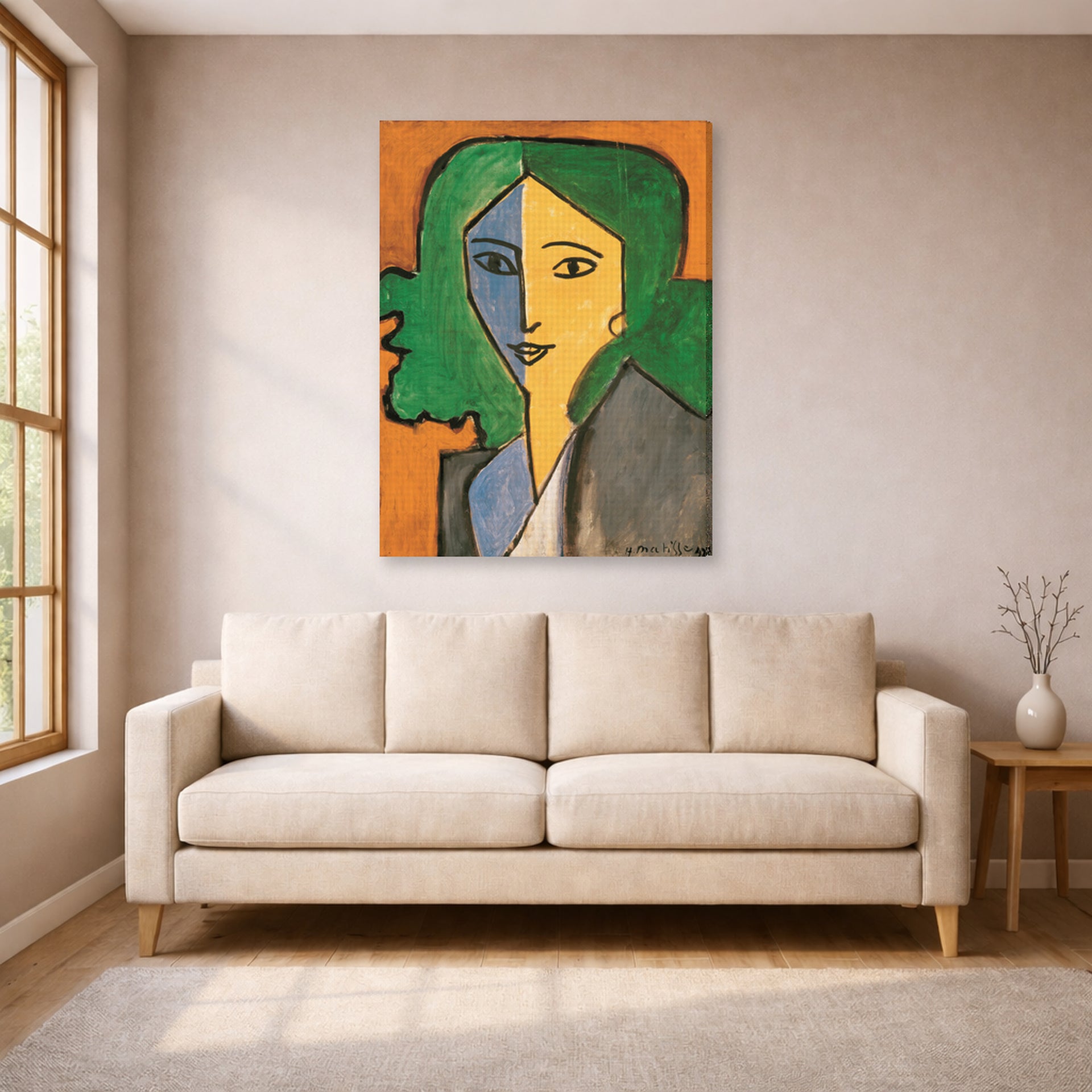Gallery-wrapped canvas print of Henri Matisse's Portrait of Lydia Delectorskaya hanging in a living room, view 1
