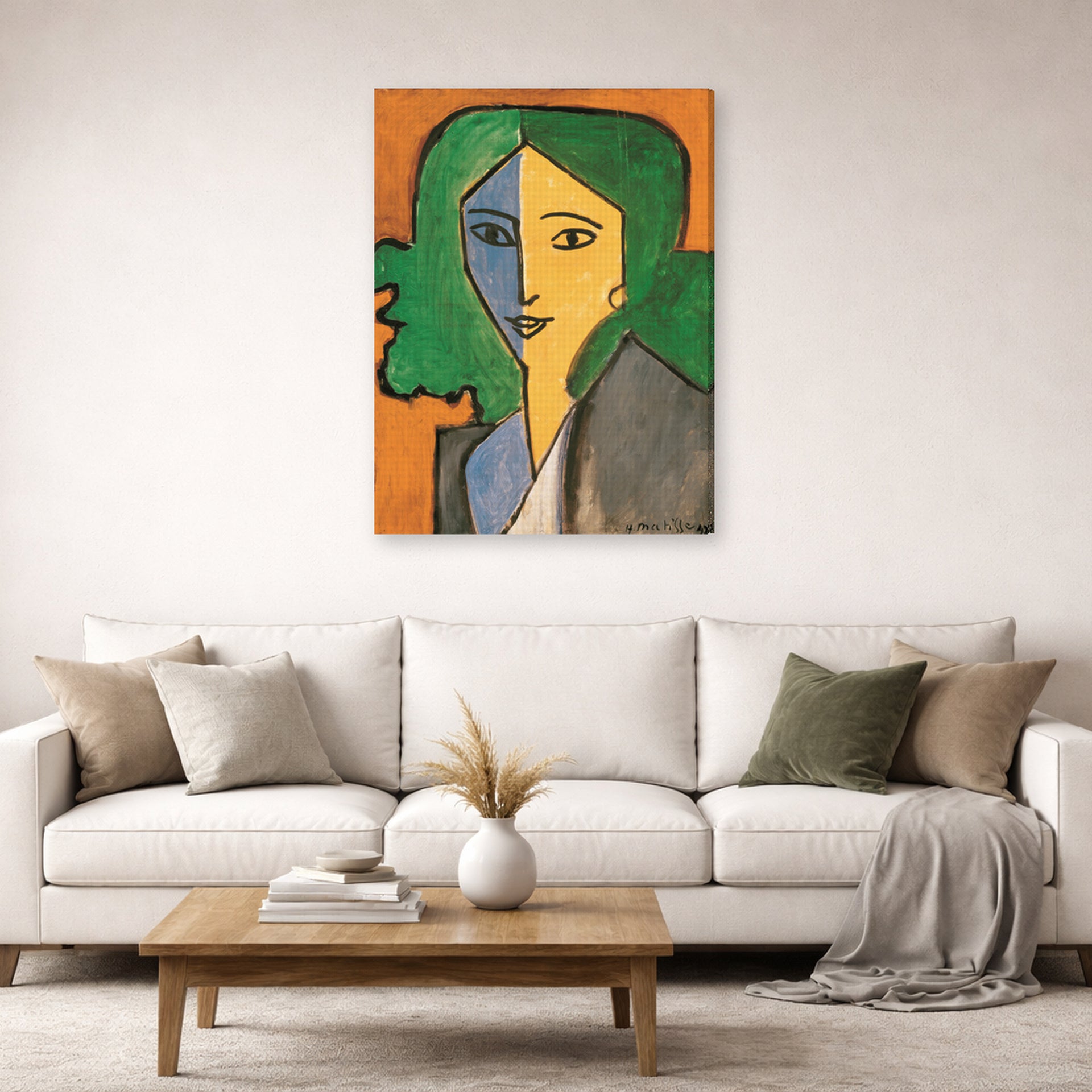 Gallery-wrapped canvas print of Henri Matisse's Portrait of Lydia Delectorskaya hanging in a living room, view 2