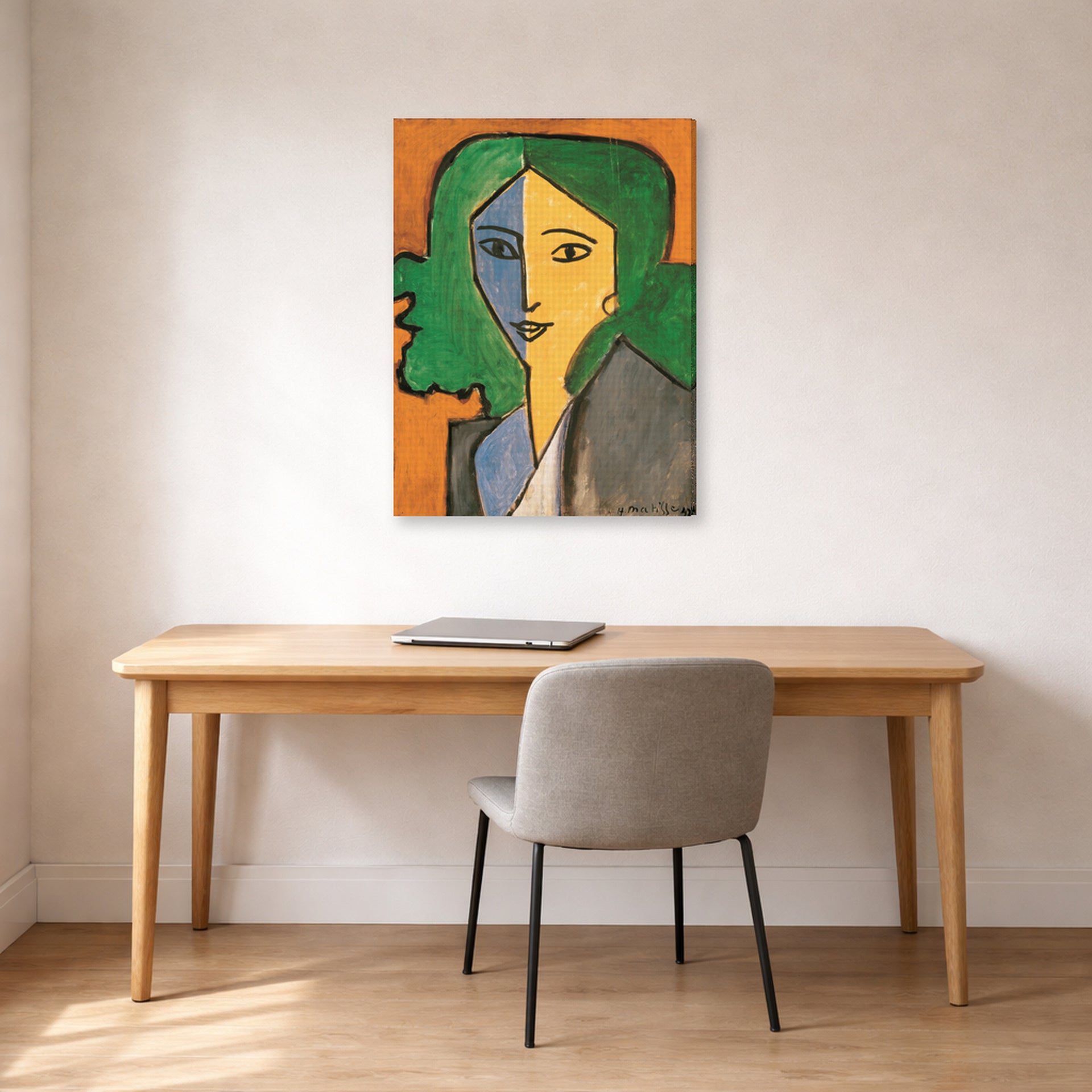Gallery-wrapped canvas print of Henri Matisse's Portrait of Lydia Delectorskaya hanging in a home office