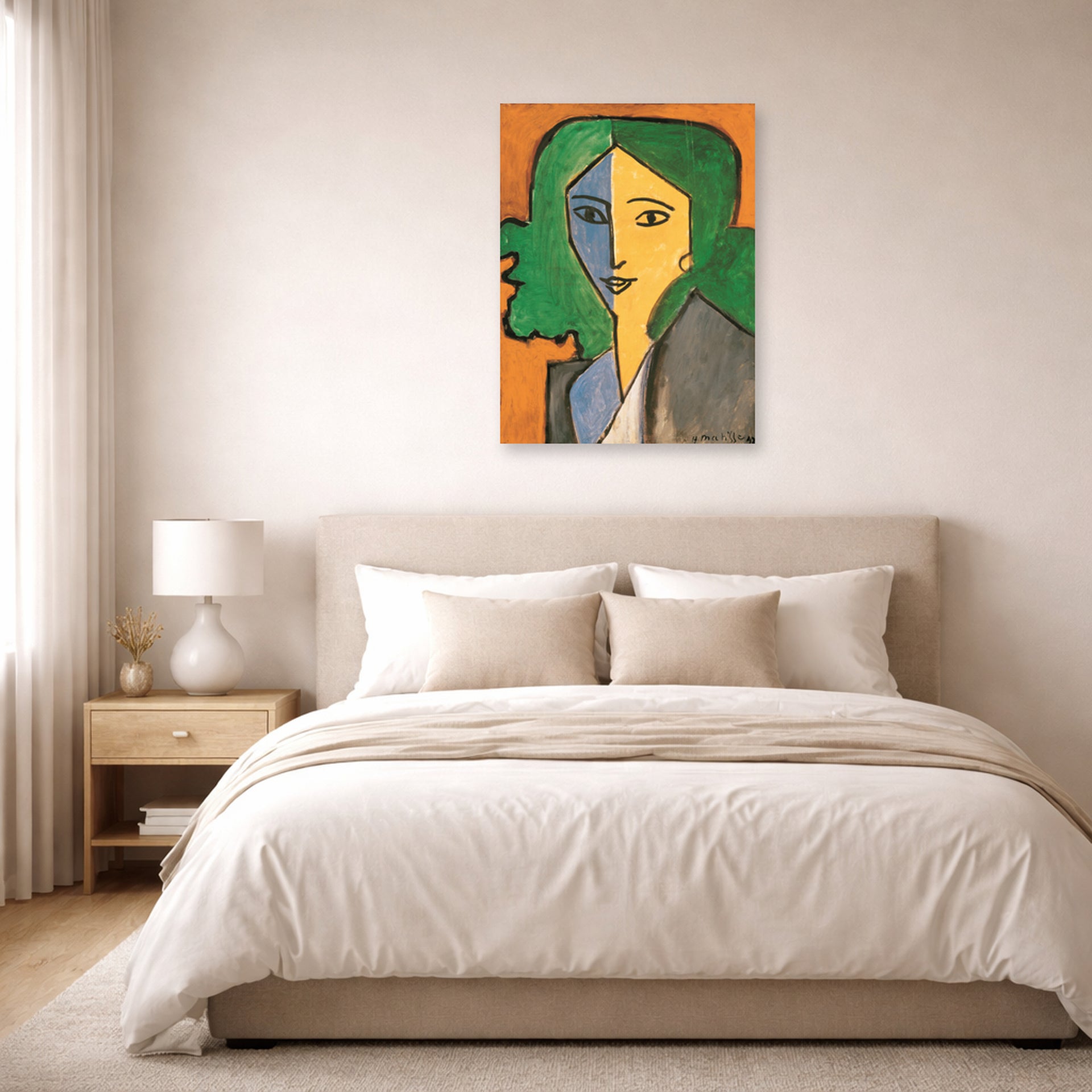 Unframed poster print of Henri Matisse's Portrait of Lydia Delectorskaya displayed above a bed in a bedroom