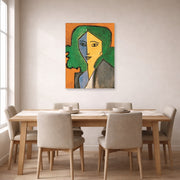 Unframed poster print of Henri Matisse's Portrait of Lydia Delectorskaya displayed on a dining room wall