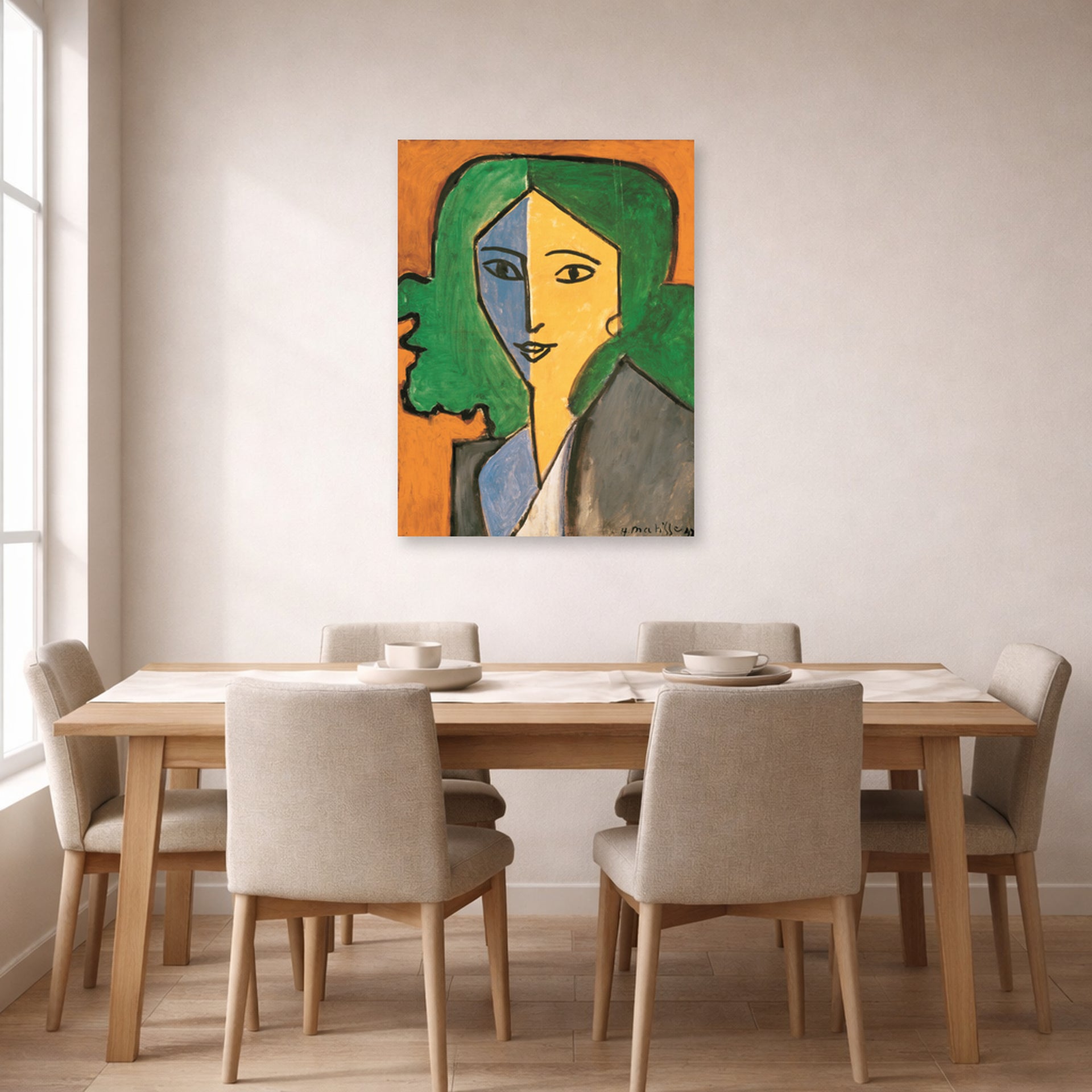 Unframed poster print of Henri Matisse's Portrait of Lydia Delectorskaya displayed on a dining room wall