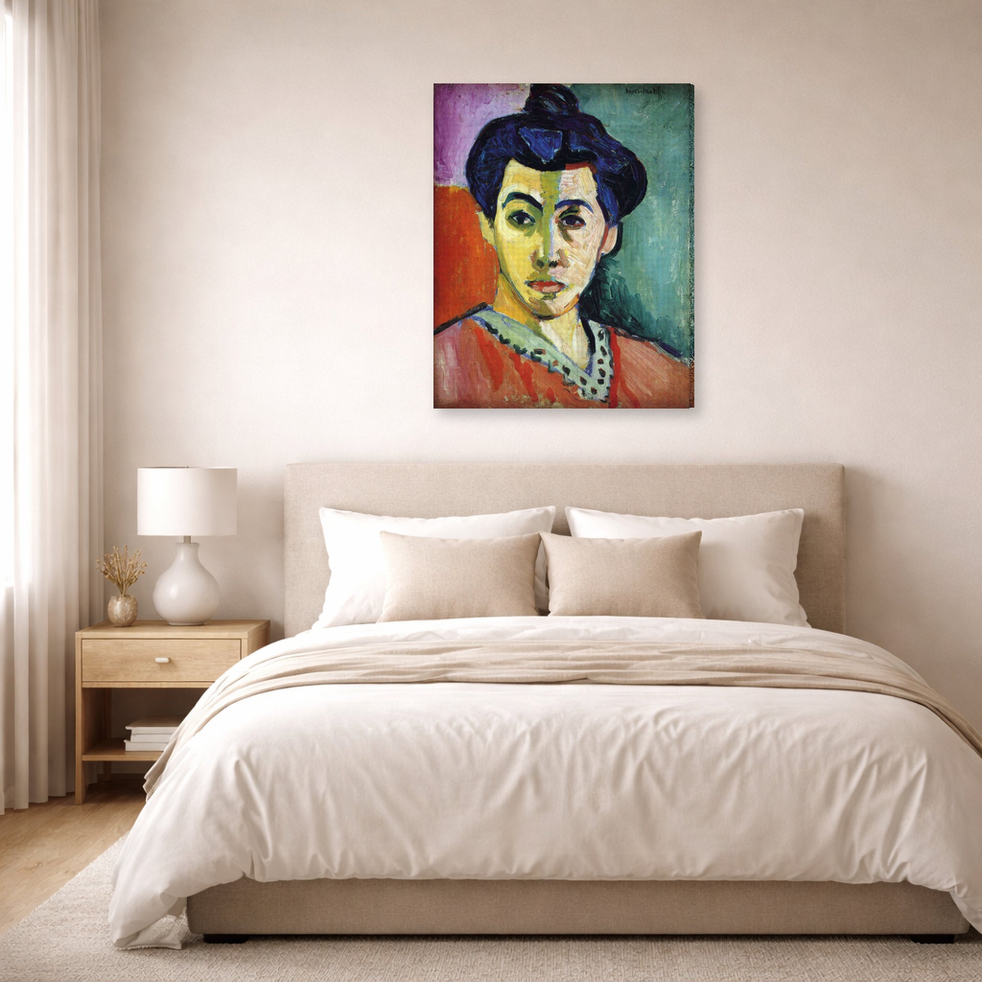 Gallery-wrapped canvas print of Henri Matisse's Portrait of Madame Matisse hanging above a bed in a bedroom