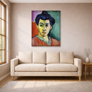 Gallery-wrapped canvas print of Henri Matisse's Portrait of Madame Matisse hanging in a living room, view 1