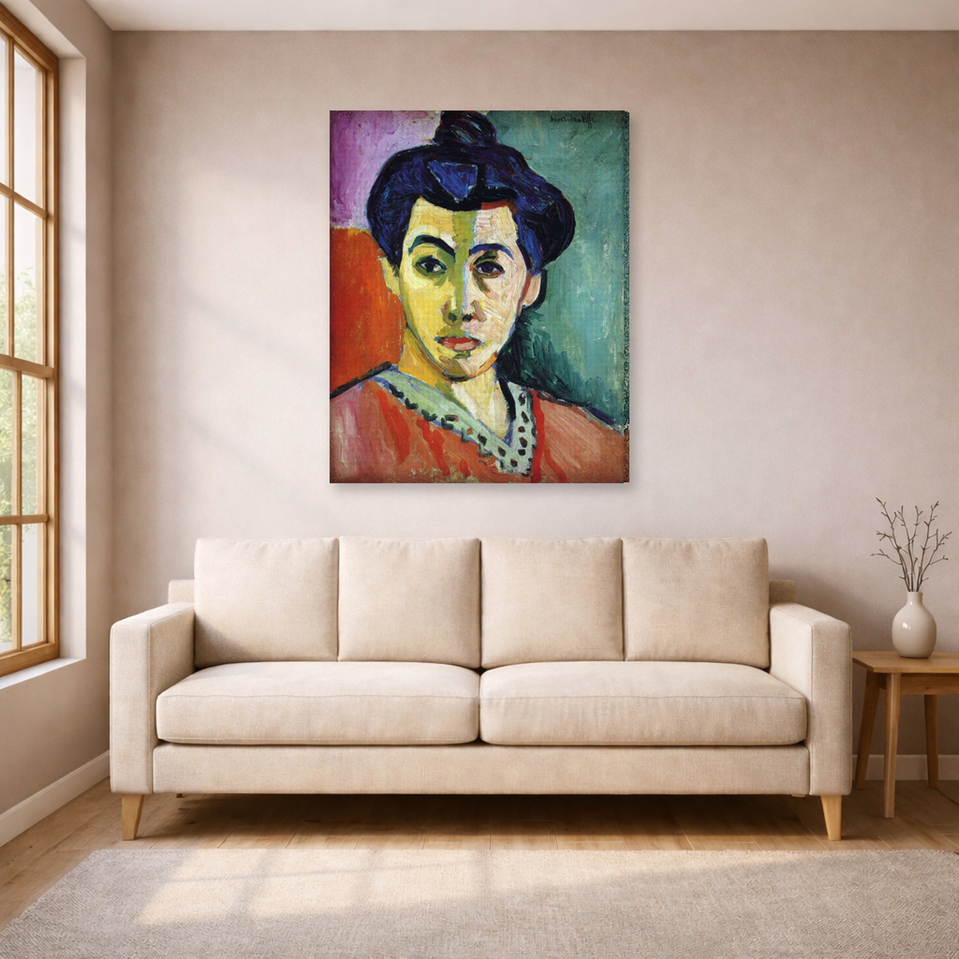 Gallery-wrapped canvas print of Henri Matisse's Portrait of Madame Matisse hanging in a living room, view 1