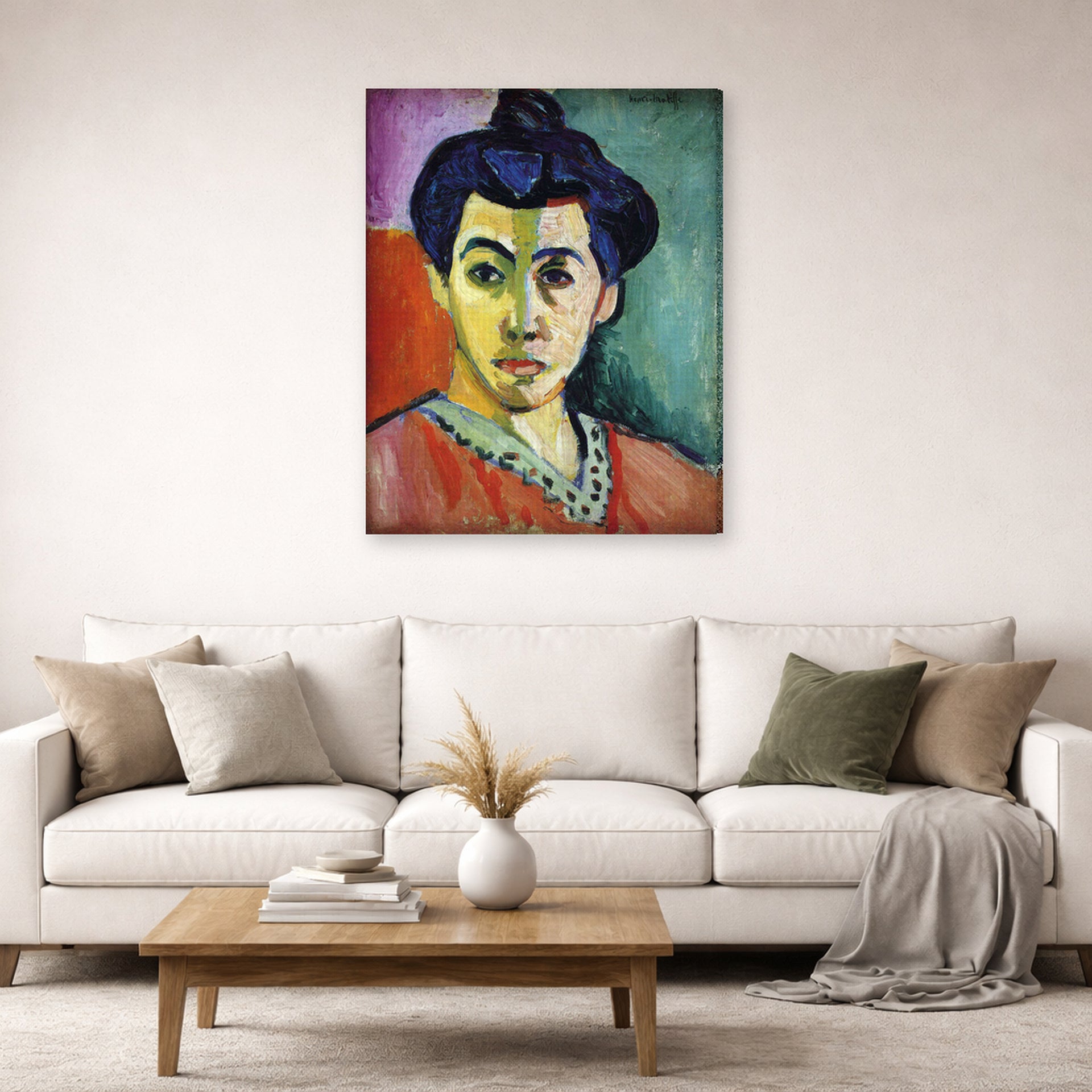 Gallery-wrapped canvas print of Henri Matisse's Portrait of Madame Matisse hanging in a living room, view 2