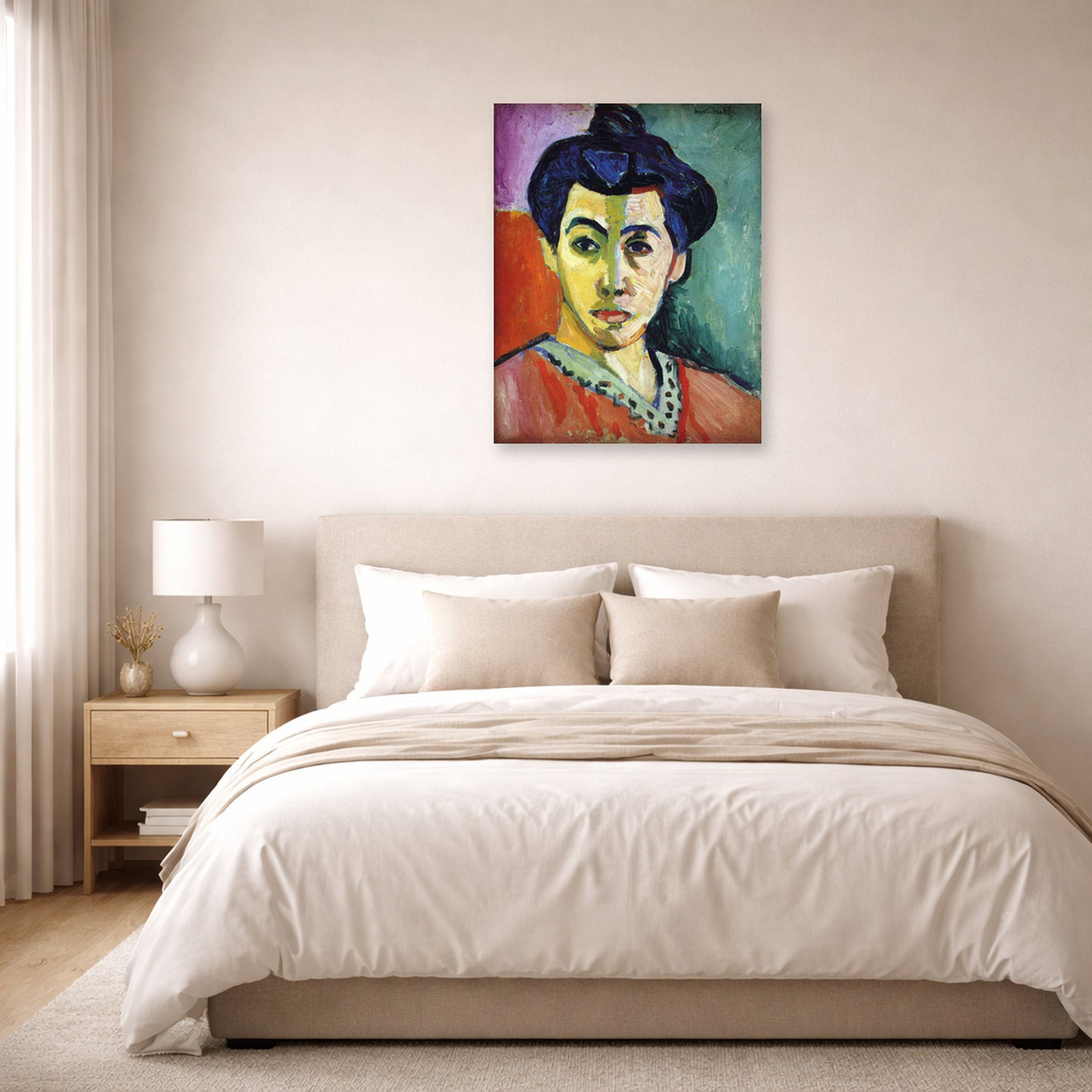 Unframed poster print of Henri Matisse's Portrait of Madame Matisse displayed above a bed in a bedroom