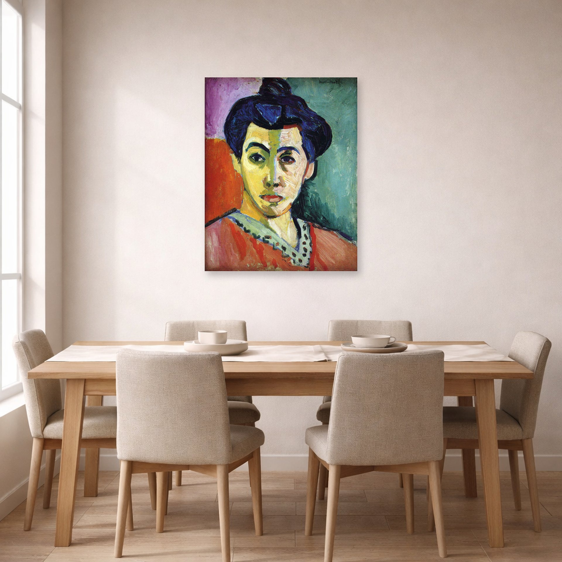 Unframed poster print of Henri Matisse's Portrait of Madame Matisse displayed on a dining room wall