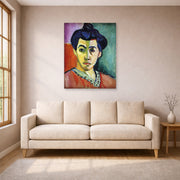 Unframed poster print of Henri Matisse's Portrait of Madame Matisse displayed in a living room, view 1