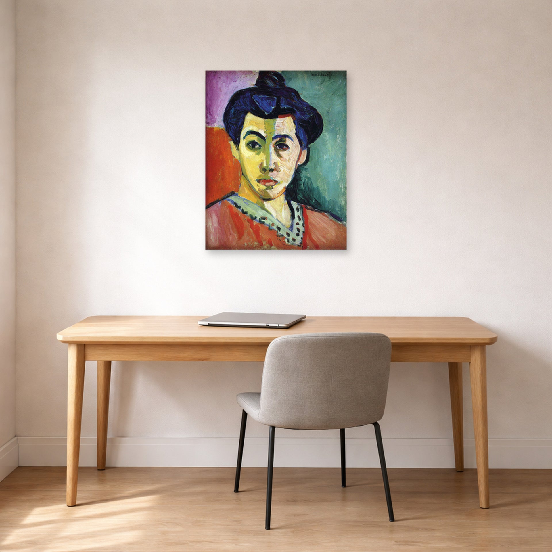 Unframed poster print of Henri Matisse's Portrait of Madame Matisse displayed in a home office