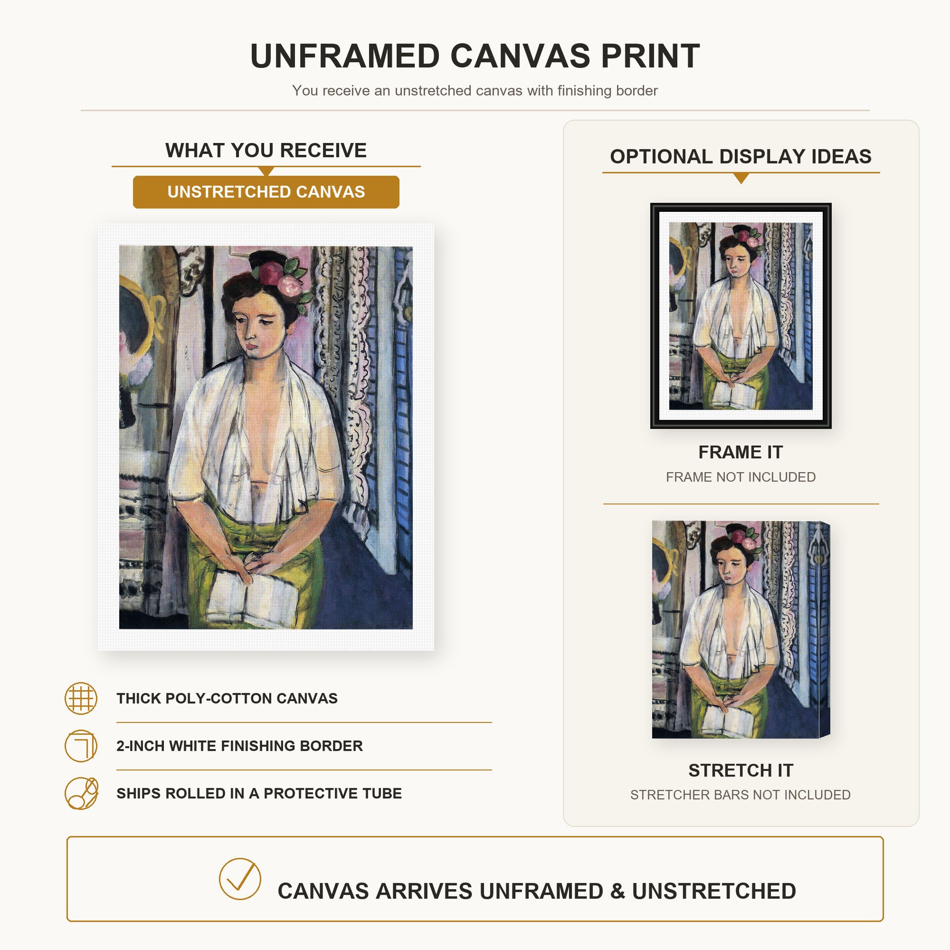 Henri Matisse - Reader on a Black Background canvas print size comparison and framing display infographic