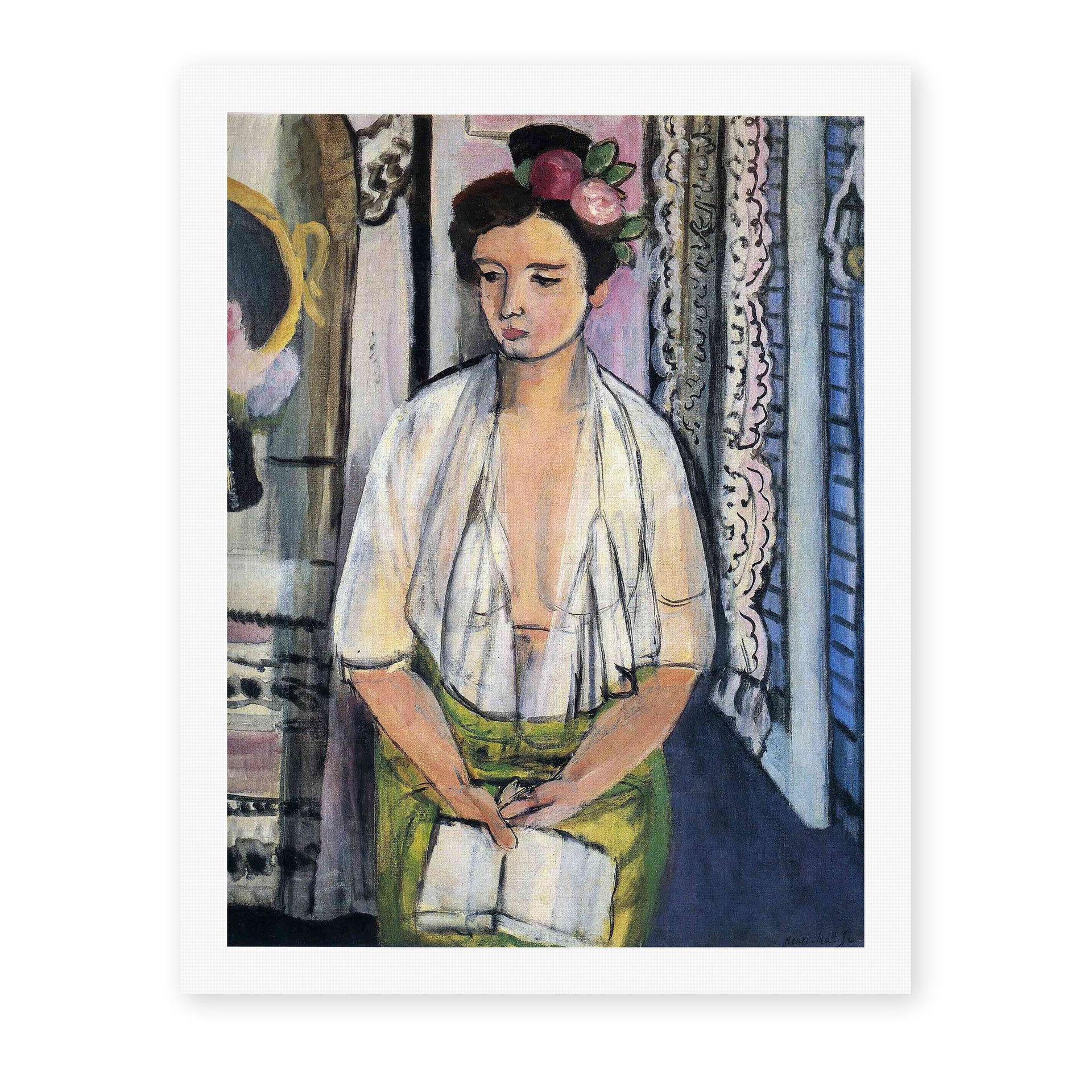 Henri Matisse's Reader on a Black Background painting reproduced as a rolled canvas print