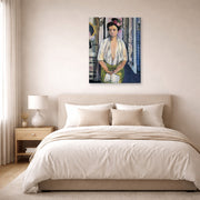 Gallery-wrapped canvas print of Henri Matisse's Reader on a Black Background hanging above a bed in a bedroom