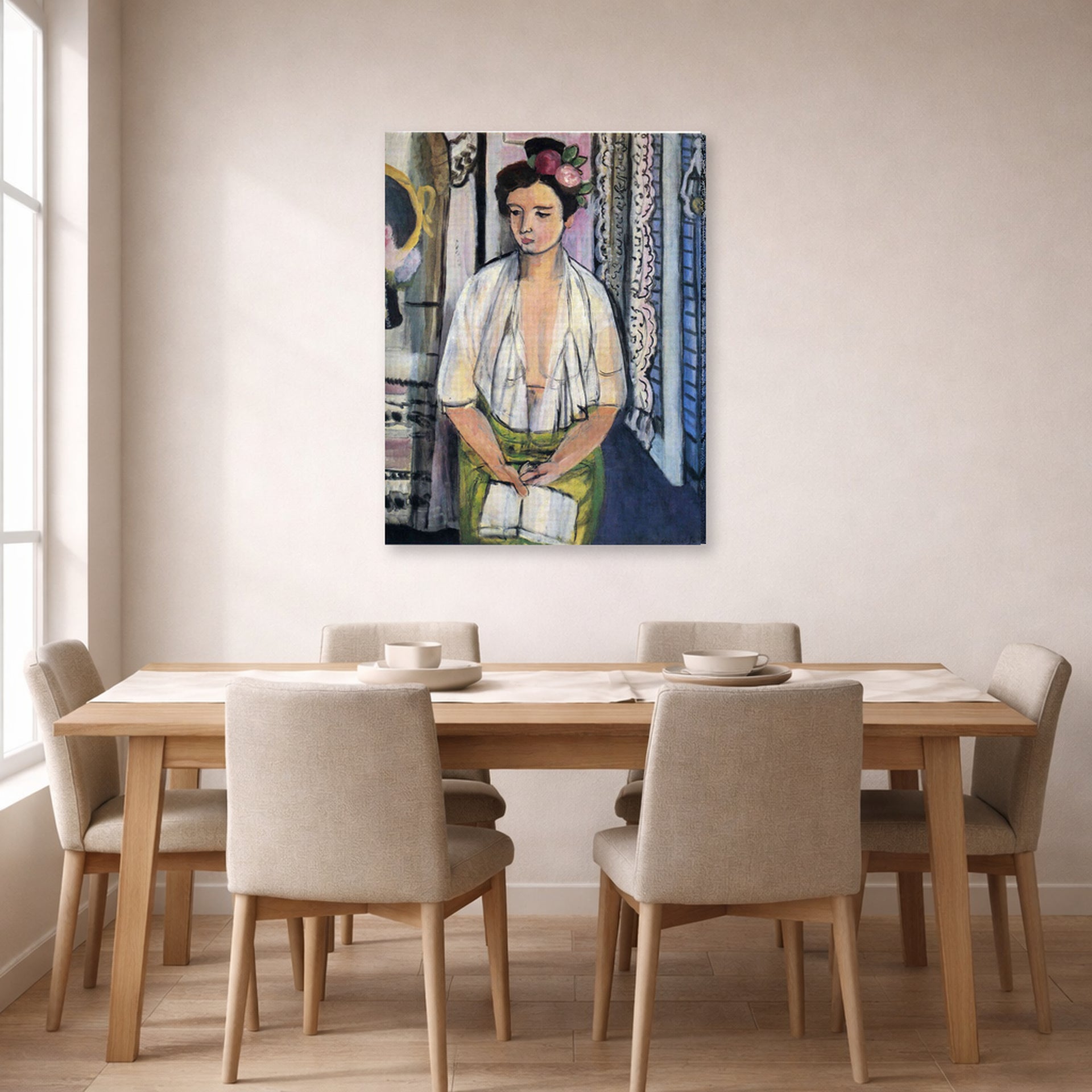 Gallery-wrapped canvas print of Henri Matisse's Reader on a Black Background hanging on a dining room wall
