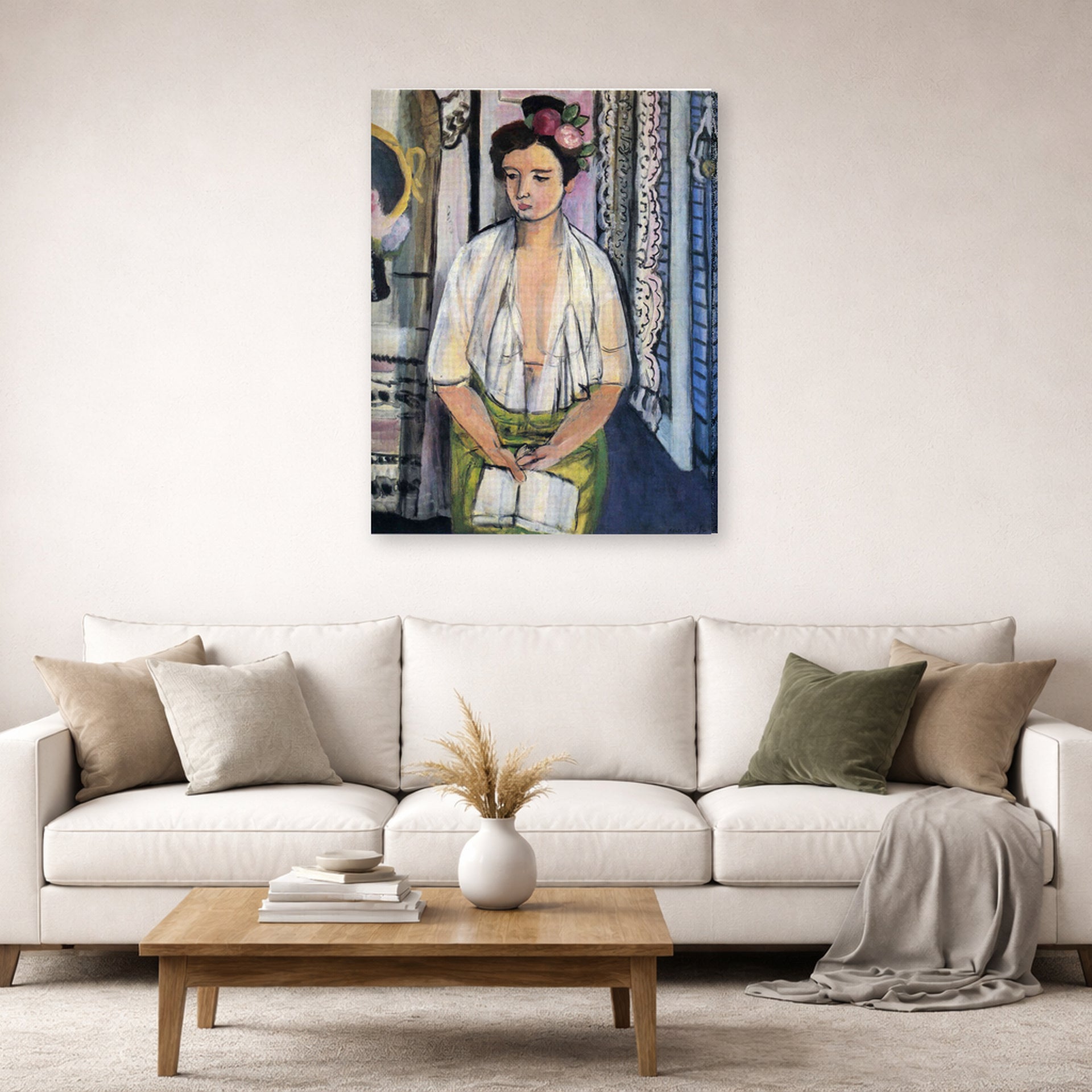 Gallery-wrapped canvas print of Henri Matisse's Reader on a Black Background hanging in a living room, view 2