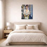 Unframed poster print of Henri Matisse's Reader on a Black Background displayed above a bed in a bedroom