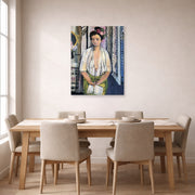 Unframed poster print of Henri Matisse's Reader on a Black Background displayed on a dining room wall