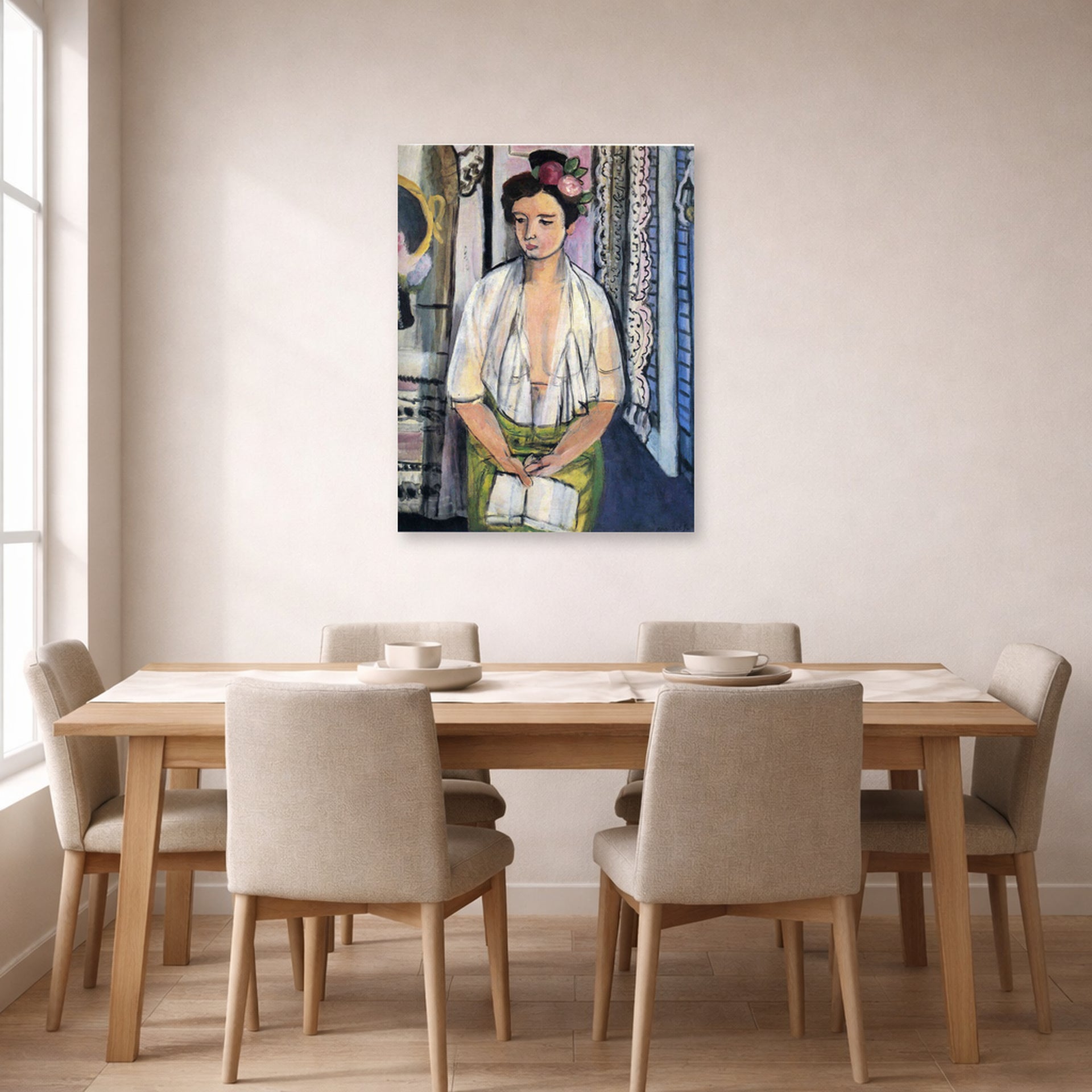 Unframed poster print of Henri Matisse's Reader on a Black Background displayed on a dining room wall