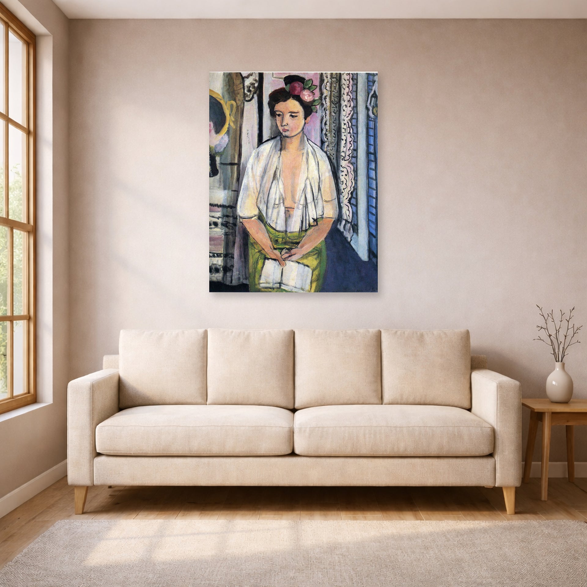 Unframed poster print of Henri Matisse's Reader on a Black Background displayed in a living room, view 1