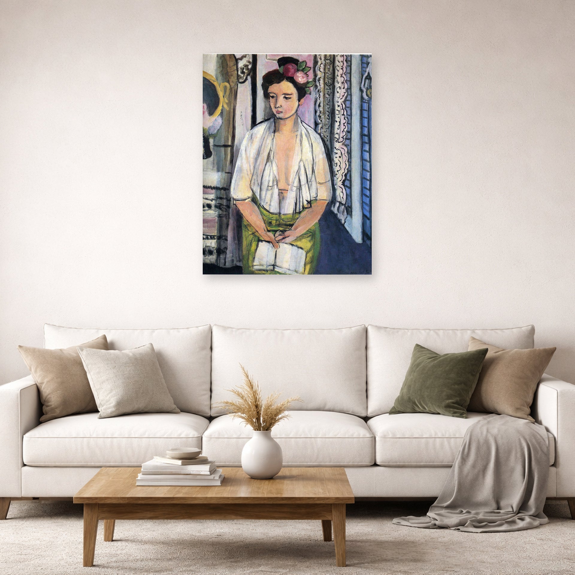 Unframed poster print of Henri Matisse's Reader on a Black Background displayed in a living room, view 2