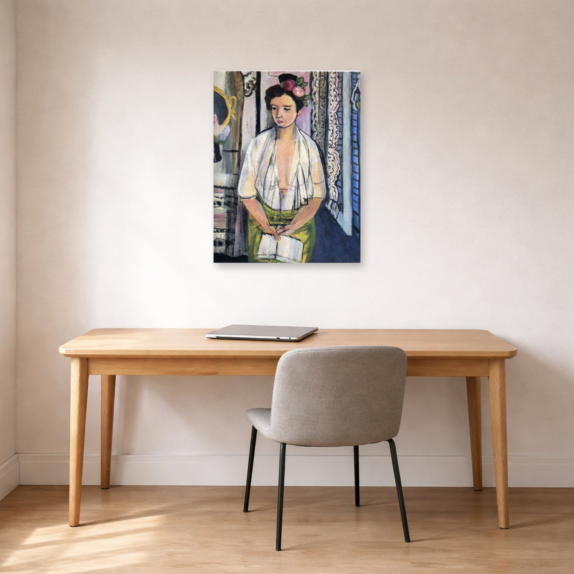 Unframed poster print of Henri Matisse's Reader on a Black Background displayed in a home office