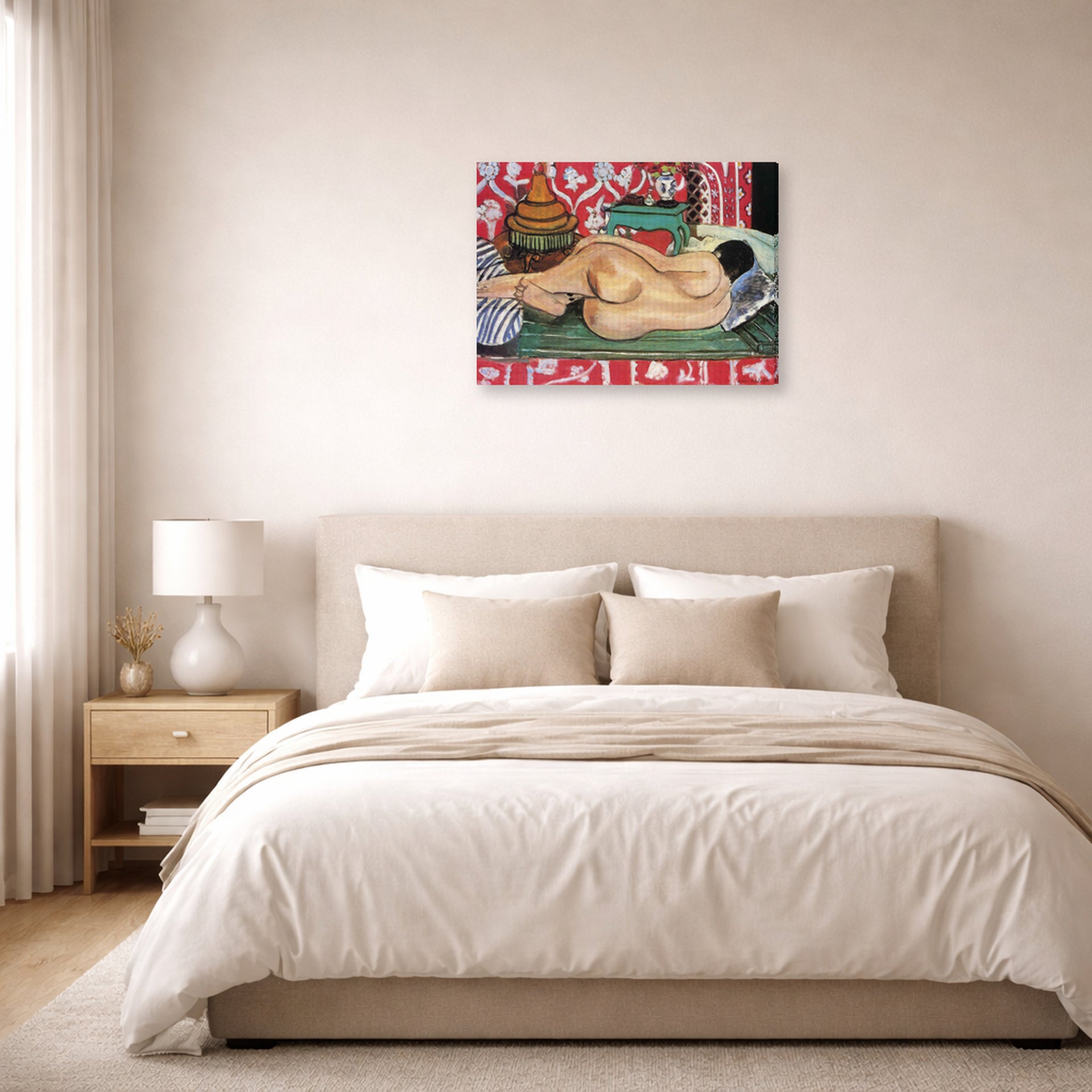 Gallery-wrapped canvas print of Henri Matisse's Reclining Nude Back hanging above a bed in a bedroom