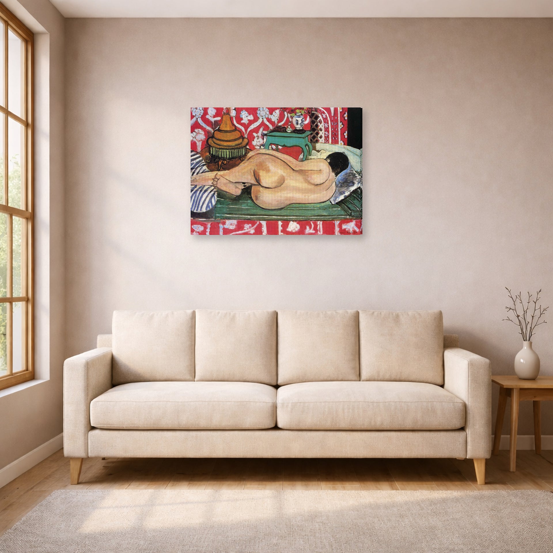 Gallery-wrapped canvas print of Henri Matisse's Reclining Nude Back hanging in a living room, view 1