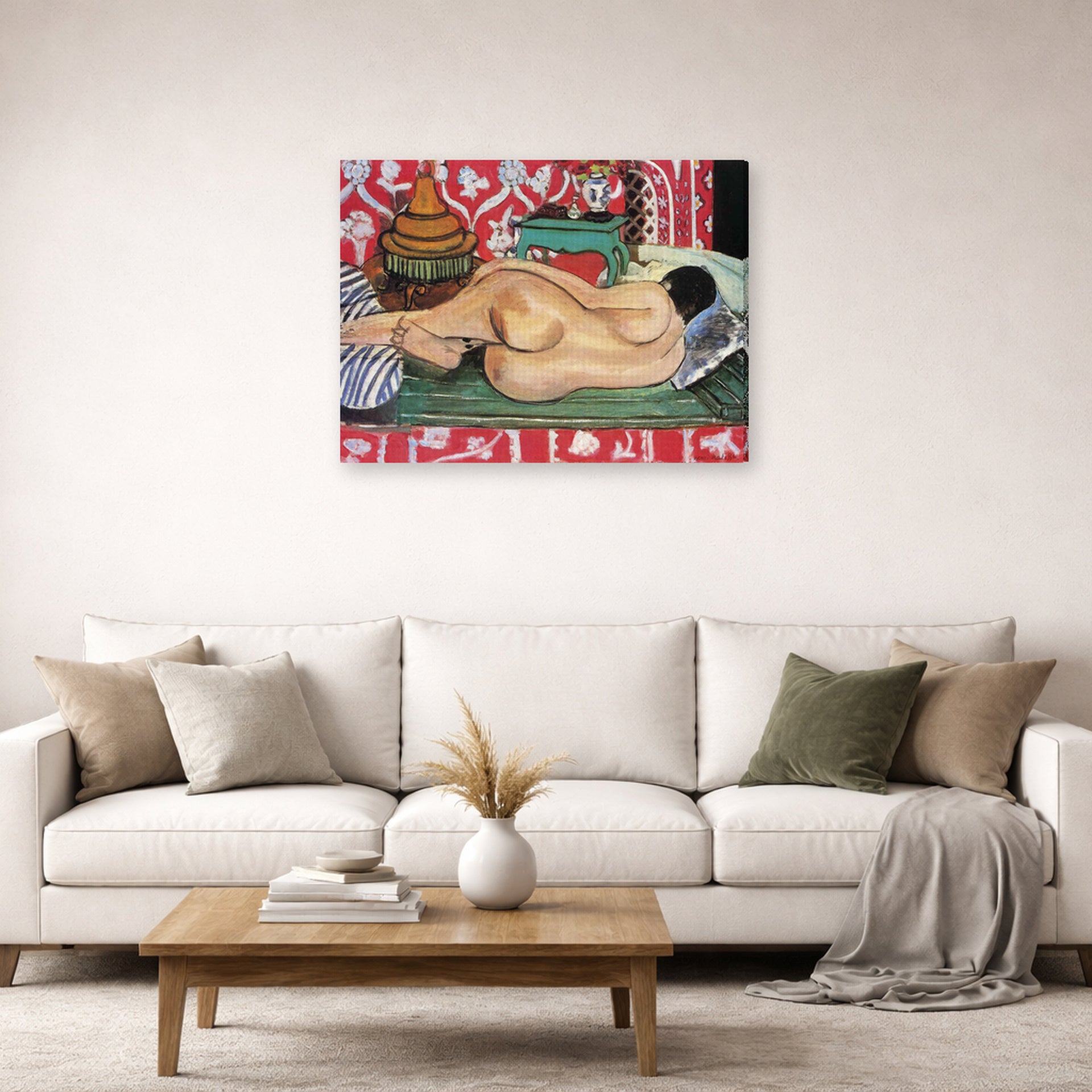 Gallery-wrapped canvas print of Henri Matisse's Reclining Nude Back hanging in a living room, view 2