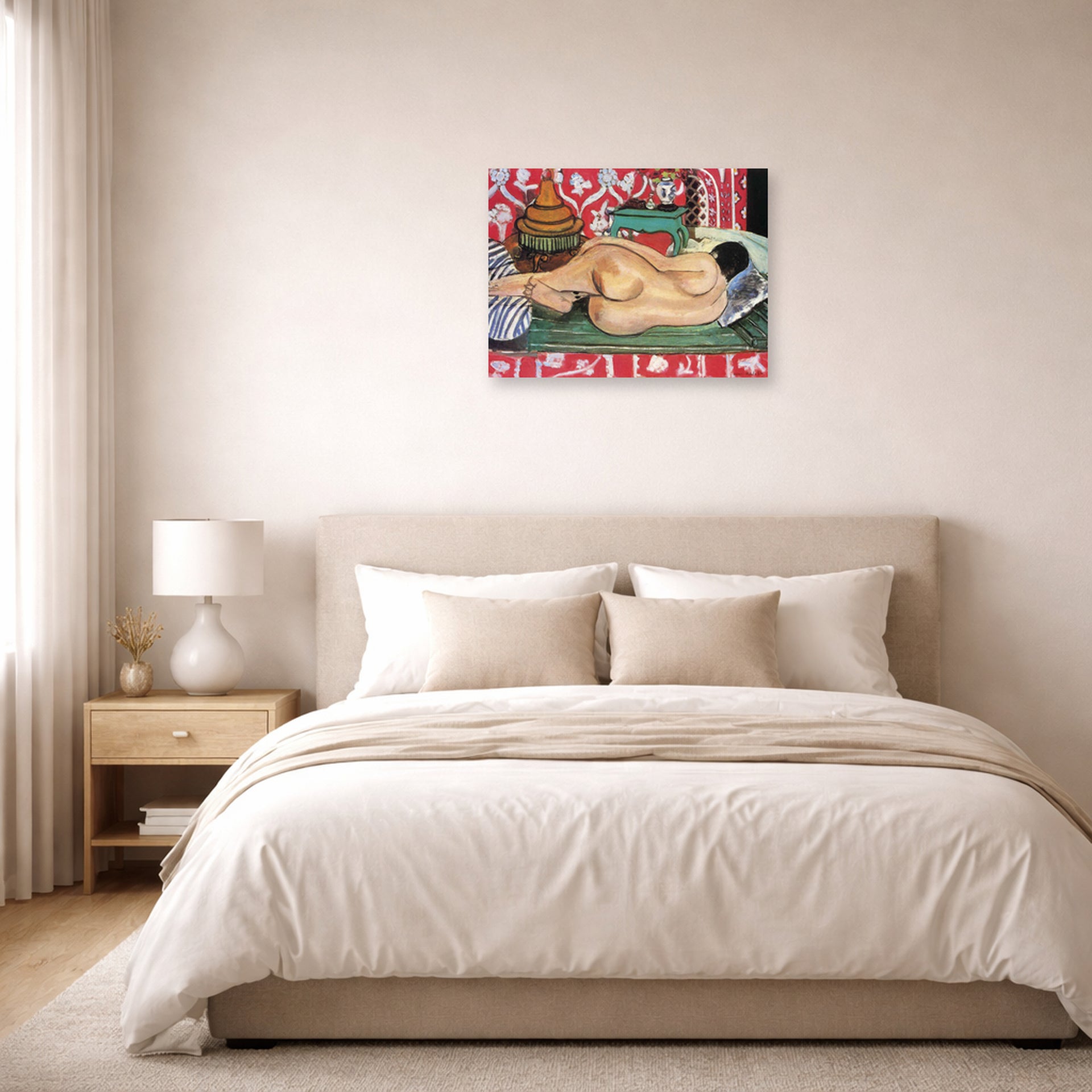 Unframed poster print of Henri Matisse's Reclining Nude Back displayed above a bed in a bedroom