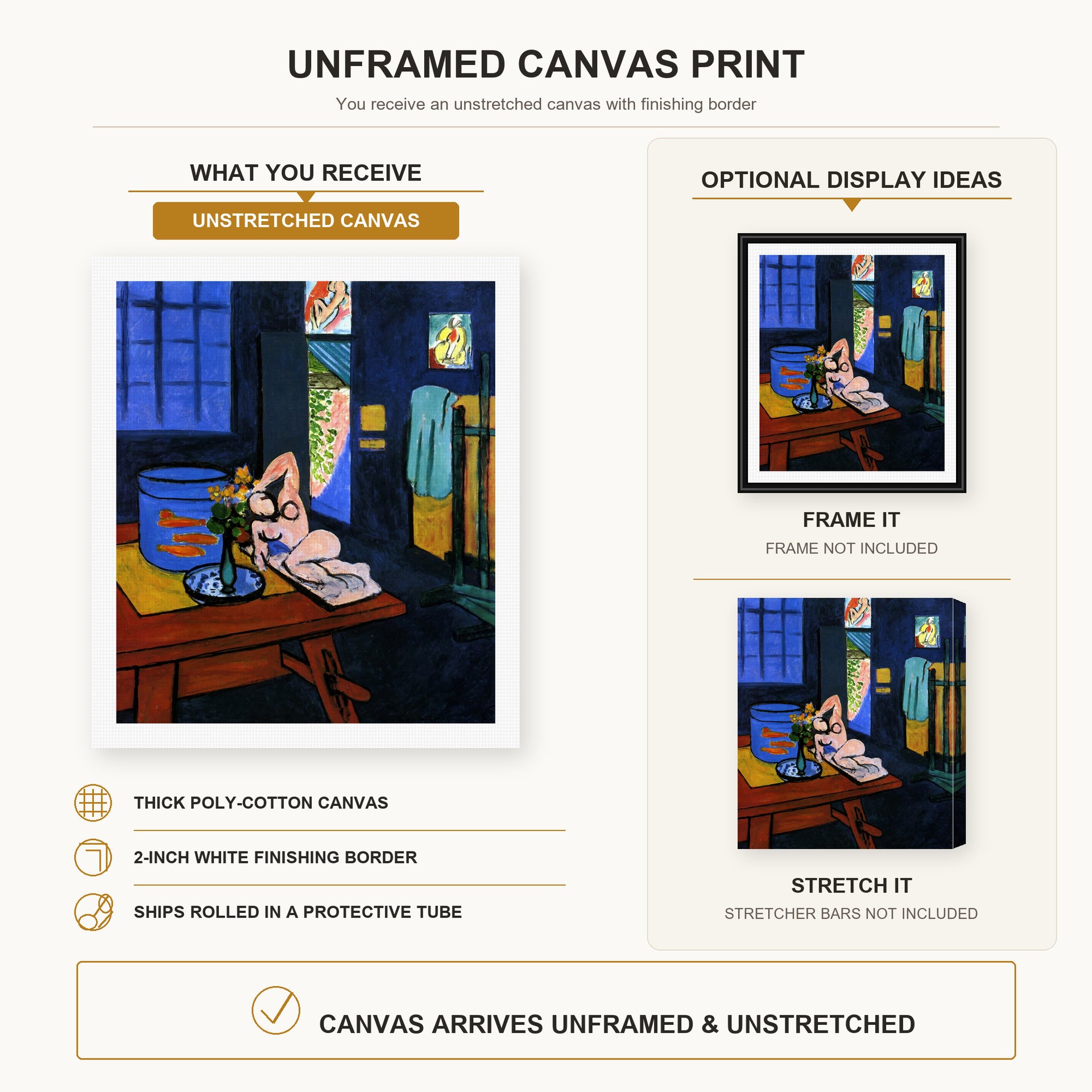 Henri Matisse - Red Fish in Interior canvas print size comparison and framing display infographic