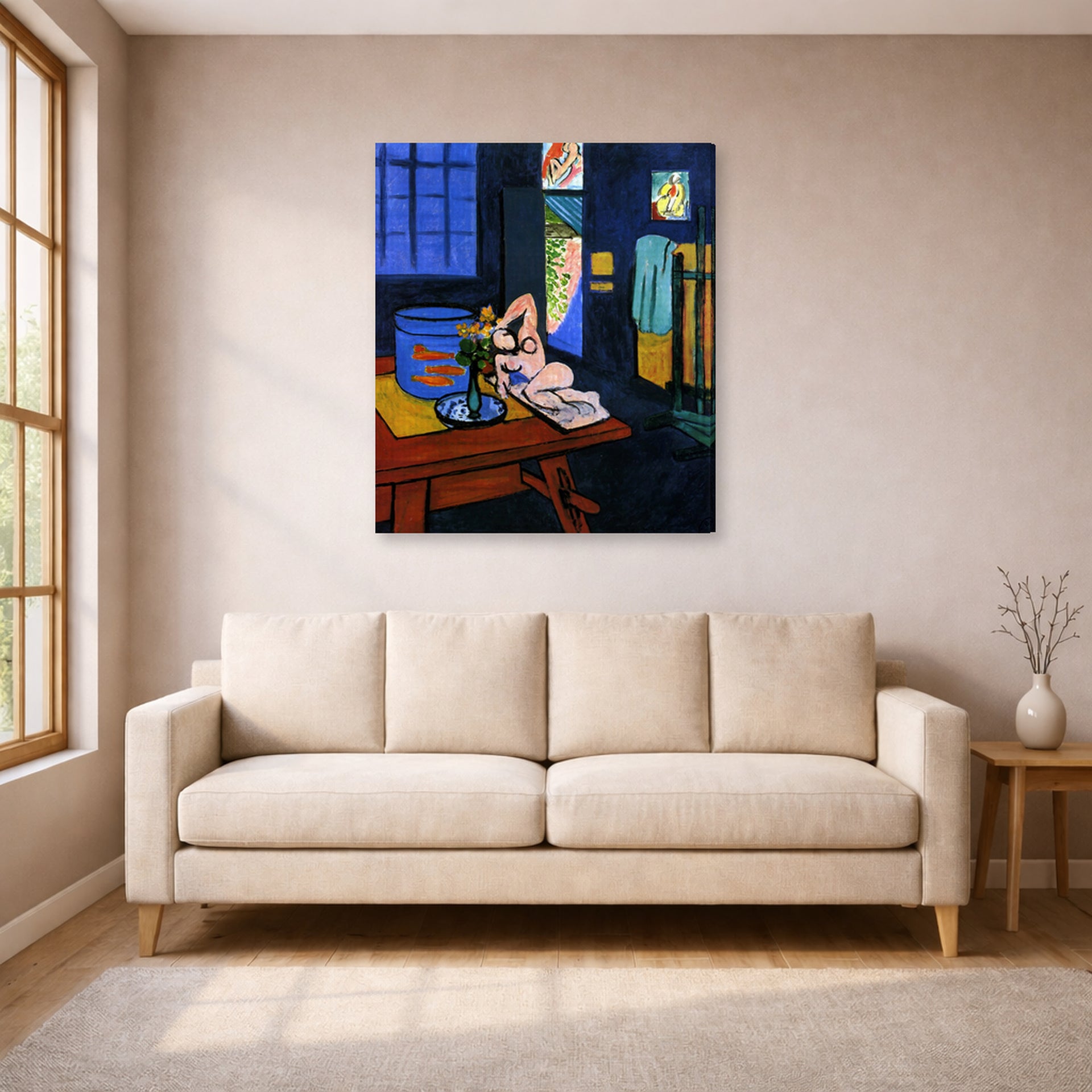 Gallery-wrapped canvas print of Henri Matisse's Red Fish in Interior hanging in a living room, view 1