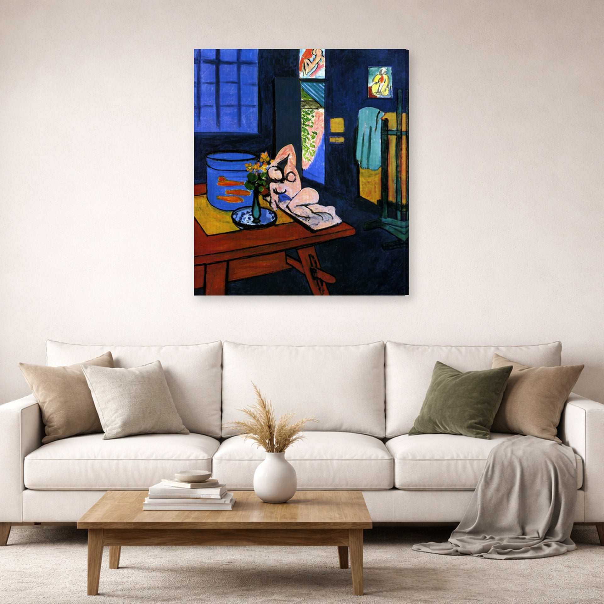 Gallery-wrapped canvas print of Henri Matisse's Red Fish in Interior hanging in a living room, view 2