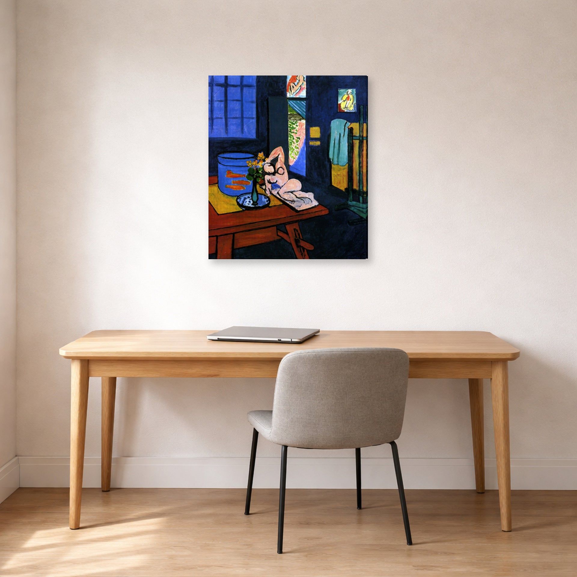 Gallery-wrapped canvas print of Henri Matisse's Red Fish in Interior hanging in a home office