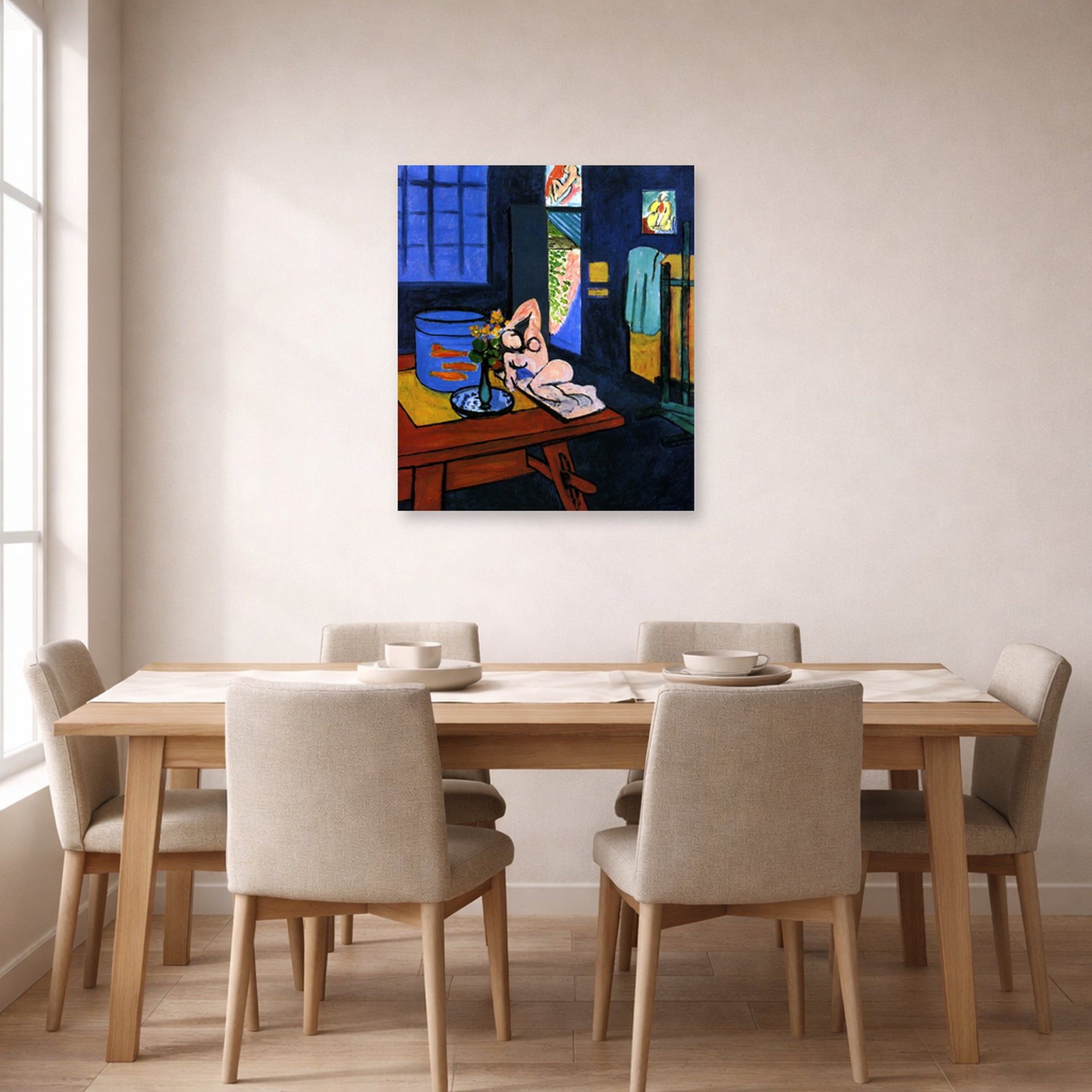 Unframed poster print of Henri Matisse's Red Fish in Interior displayed on a dining room wall
