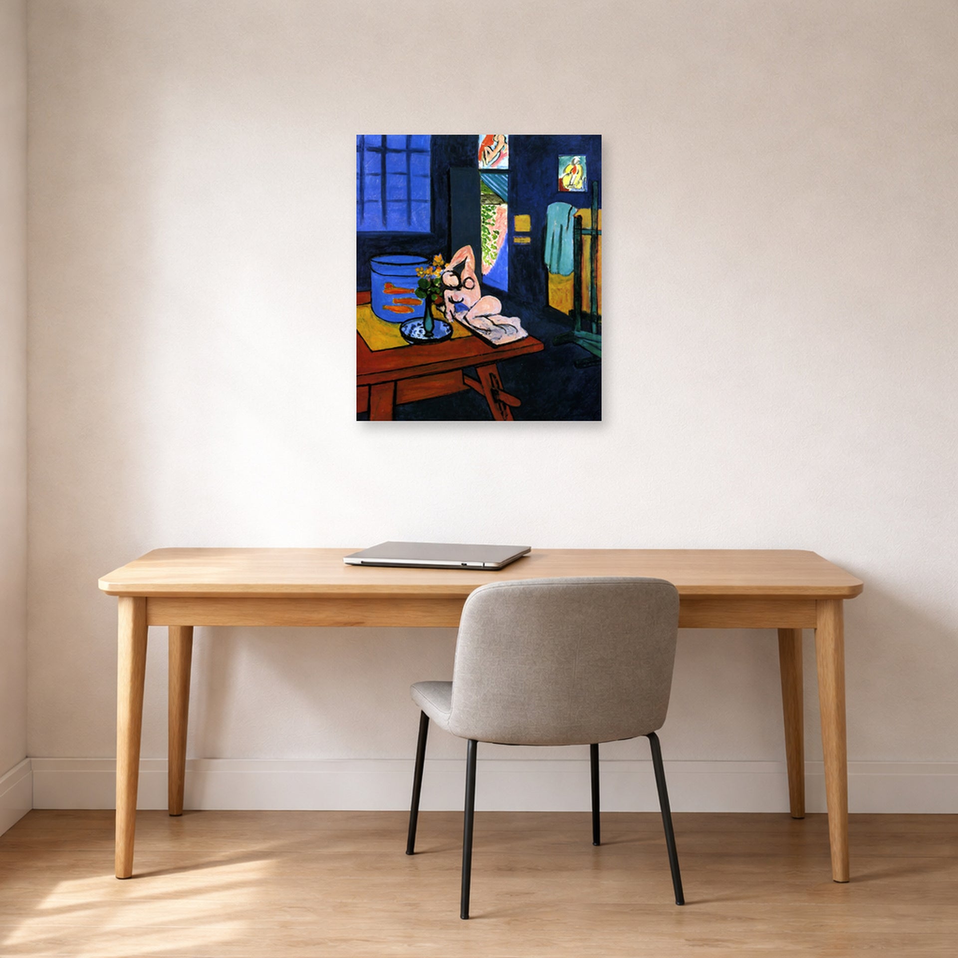 Unframed poster print of Henri Matisse's Red Fish in Interior displayed in a home office